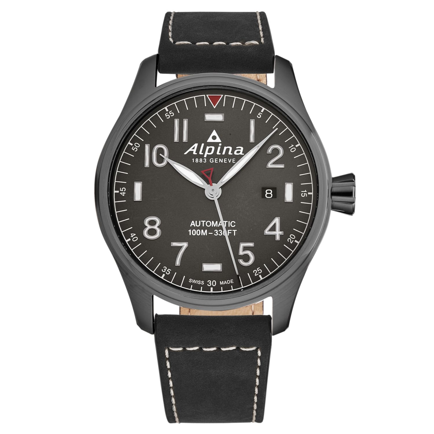 Alpina Men's AL525G4TS6 Startimer Pilot watch featuring a grey dial and black leather band, showcasing its elegant design and automatic movement.