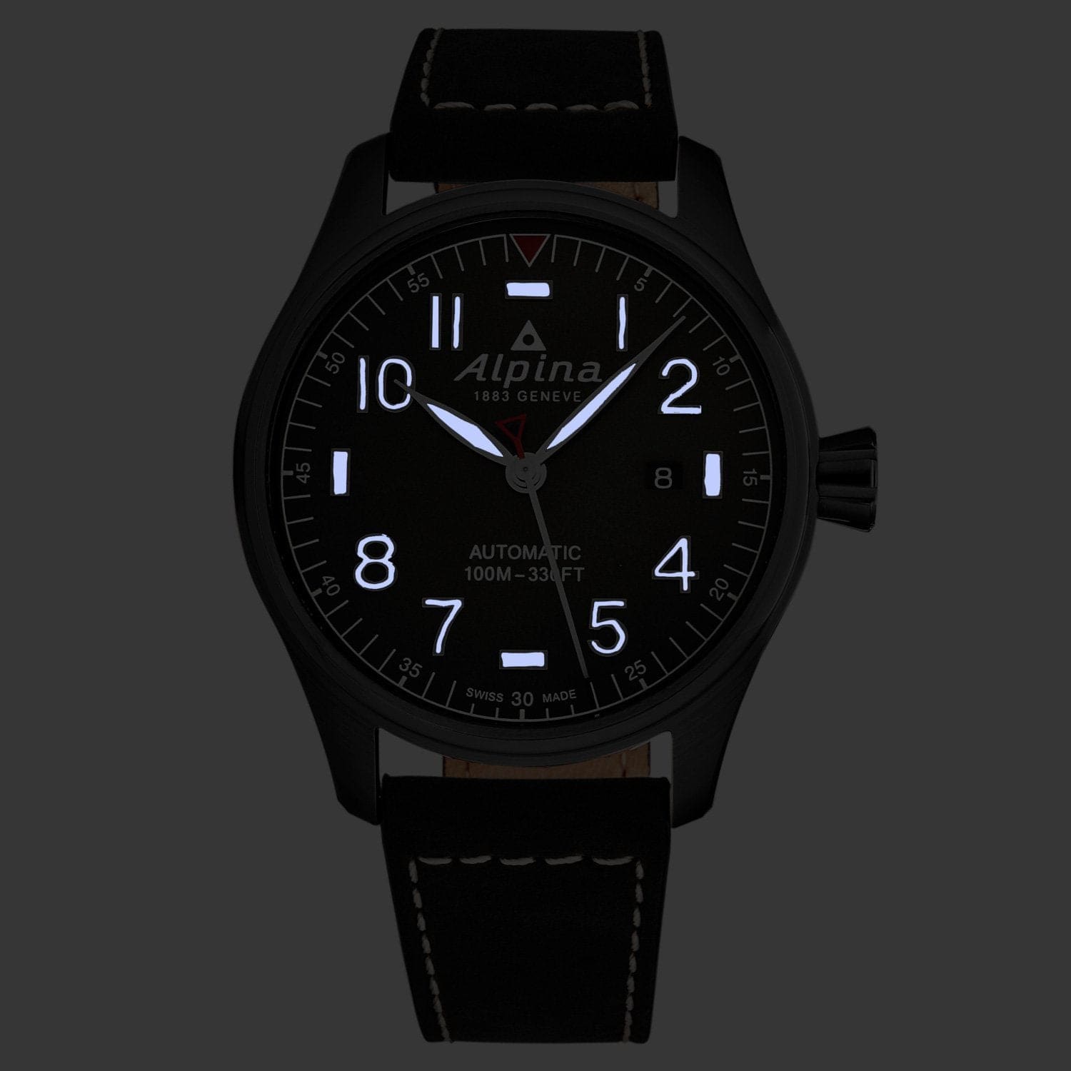 Alpina Men's AL525G4TS6 Startimer Pilot watch featuring a grey dial and black leather band, showcasing its elegant design and automatic movement.