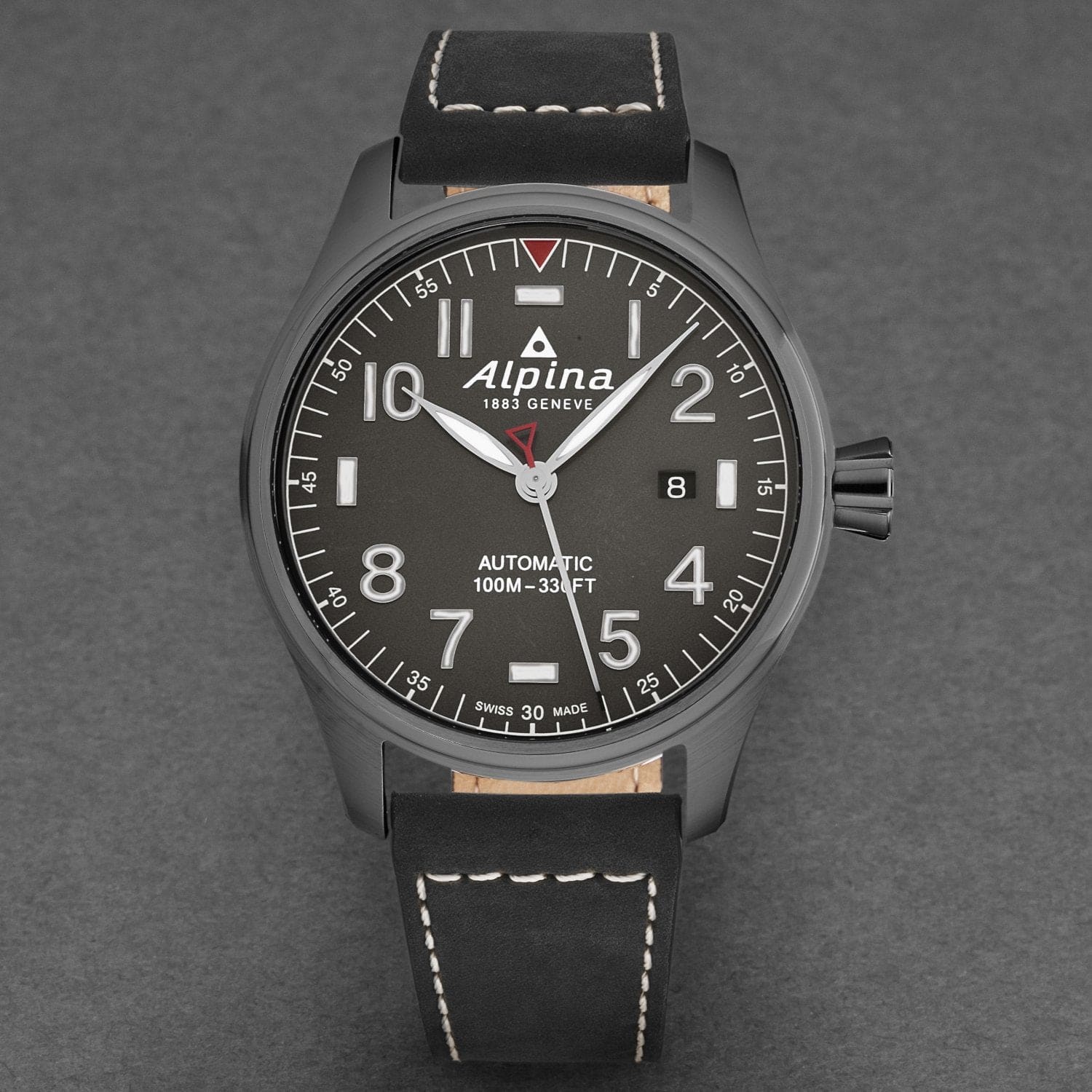 Alpina Men's AL525G4TS6 Startimer Pilot watch featuring a grey dial and black leather band, showcasing its elegant design and automatic movement.