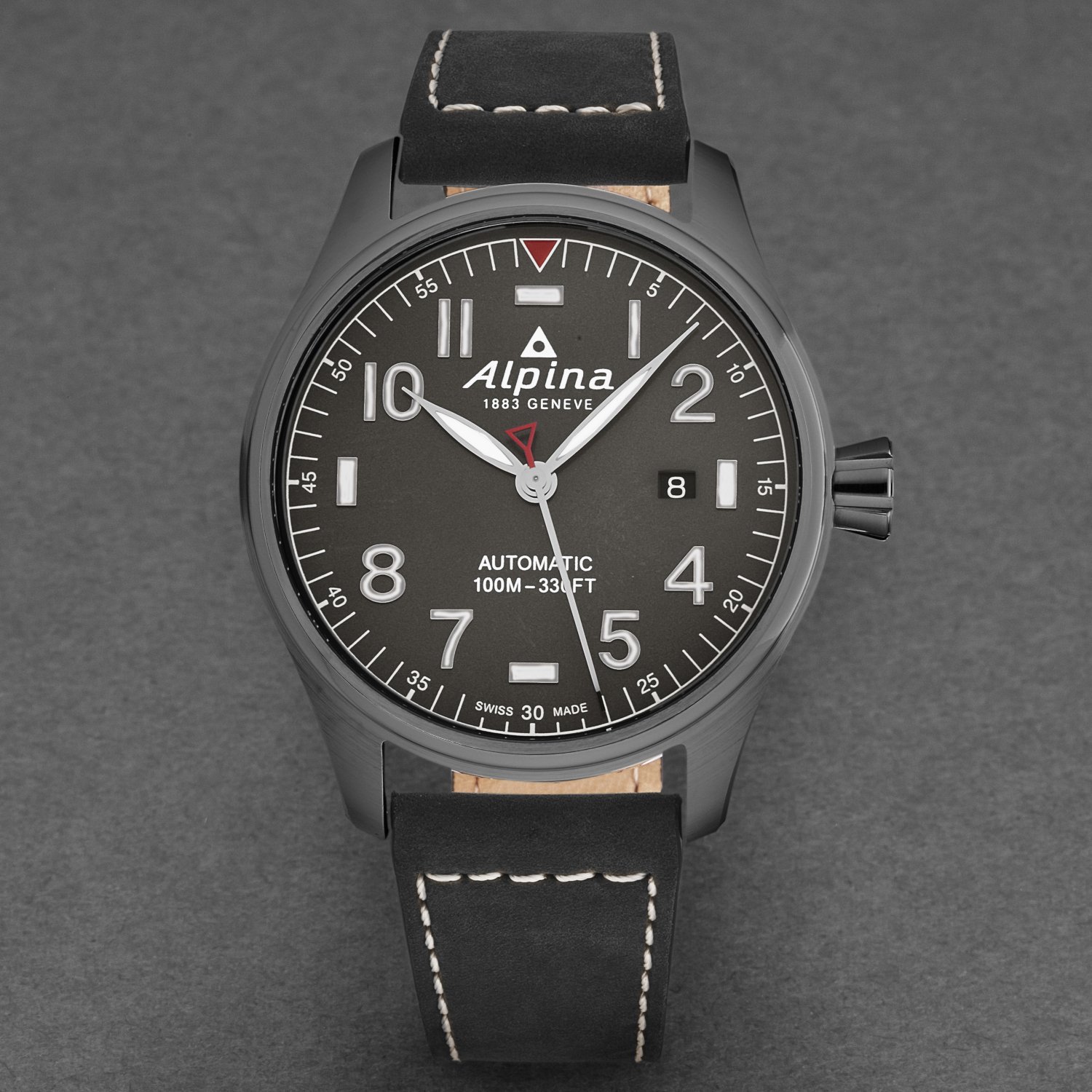 Alpina Men's AL525G4TS6 Startimer Pilot watch featuring a grey dial and black leather band, showcasing its elegant design and automatic movement.