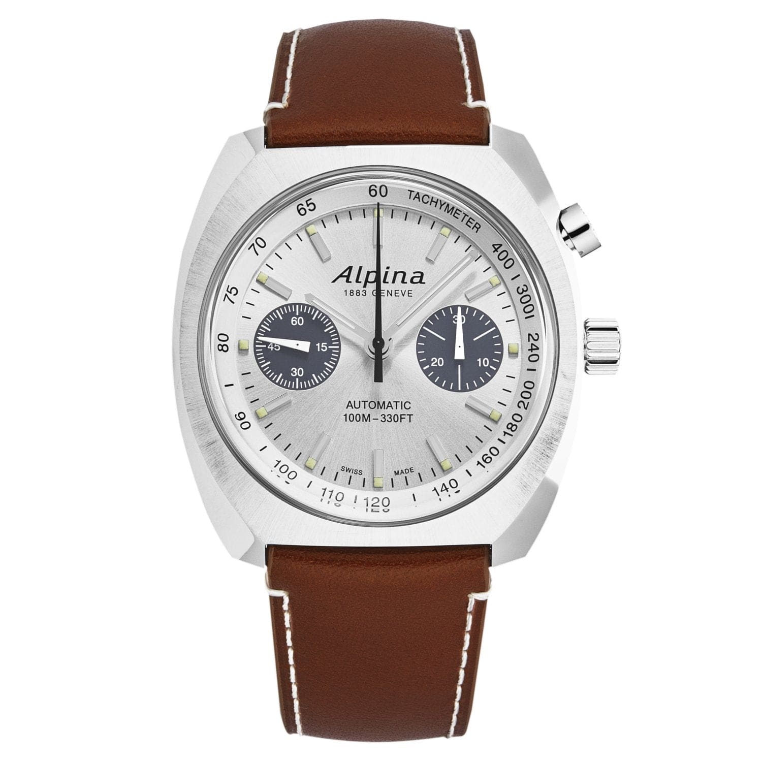 Alpina Men's AL727SS4H6 Startimer Pilot watch featuring a silver dial and brown leather band, showcasing its elegant design and automatic movement.