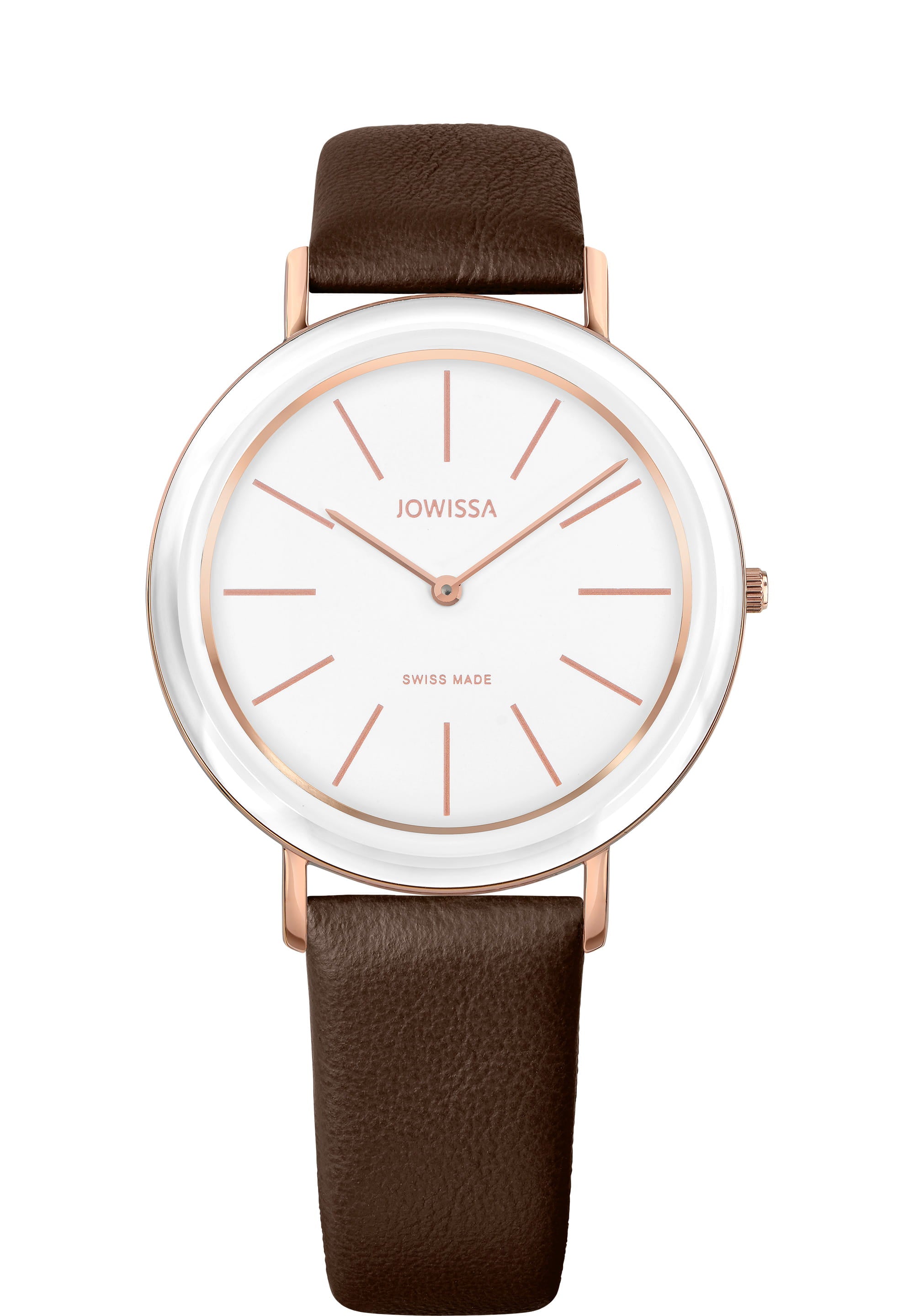 Alto Swiss Ladies Watch J4.367.L featuring a stainless steel case, enamelled dial, and genuine leather strap in rose, white, and brown colors.