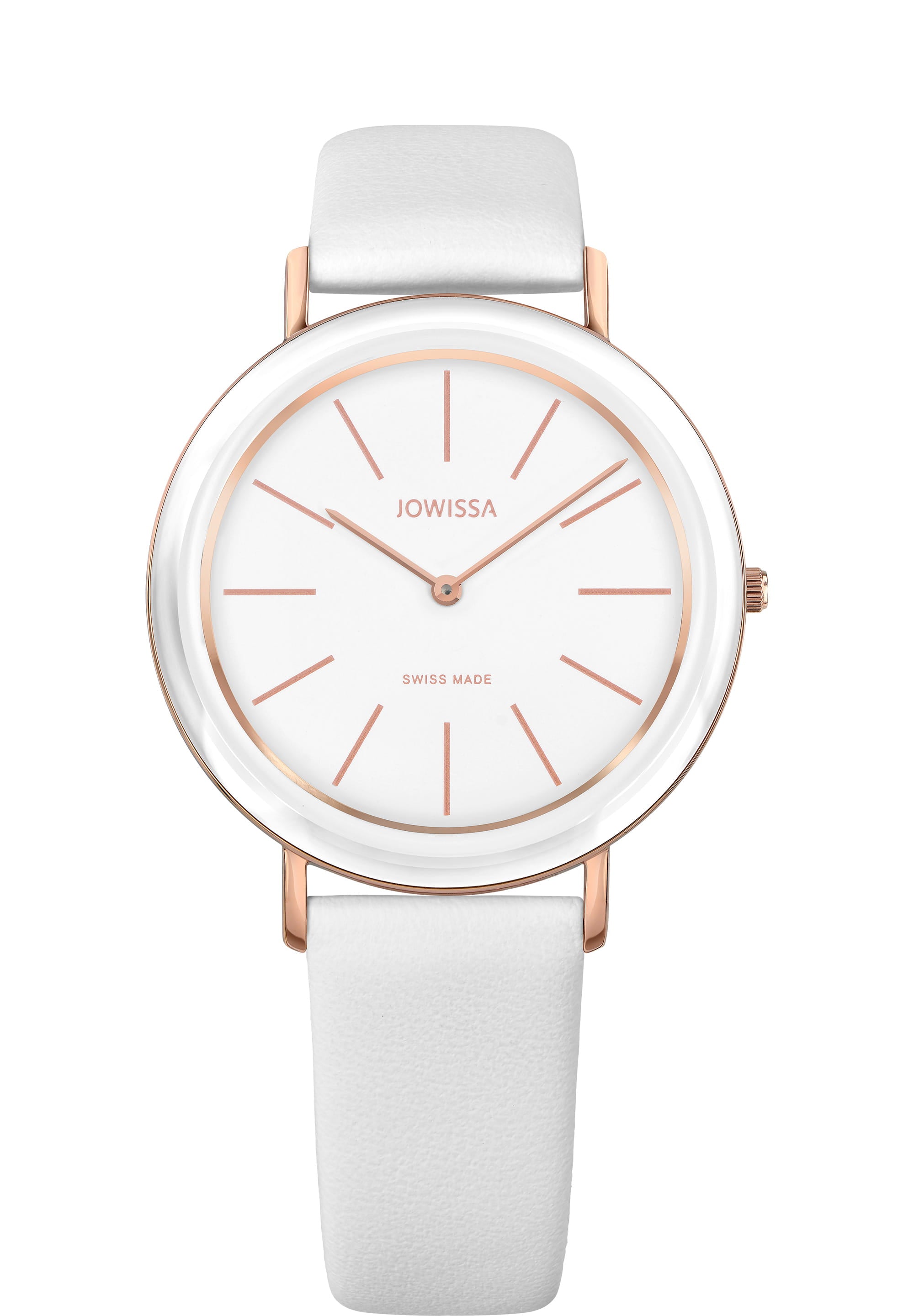 Alto Swiss Ladies Watch J4.366.L featuring a stainless steel case, tempered mineral glass, and a genuine leather strap in rose and white colors.