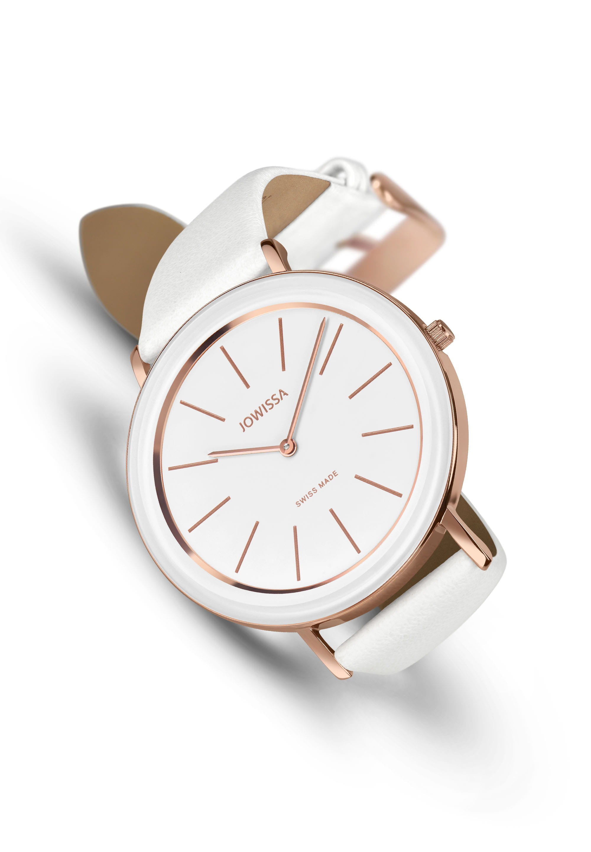 Alto Swiss Ladies Watch J4.366.L featuring a stainless steel case, tempered mineral glass, and a genuine leather strap in rose and white colors.