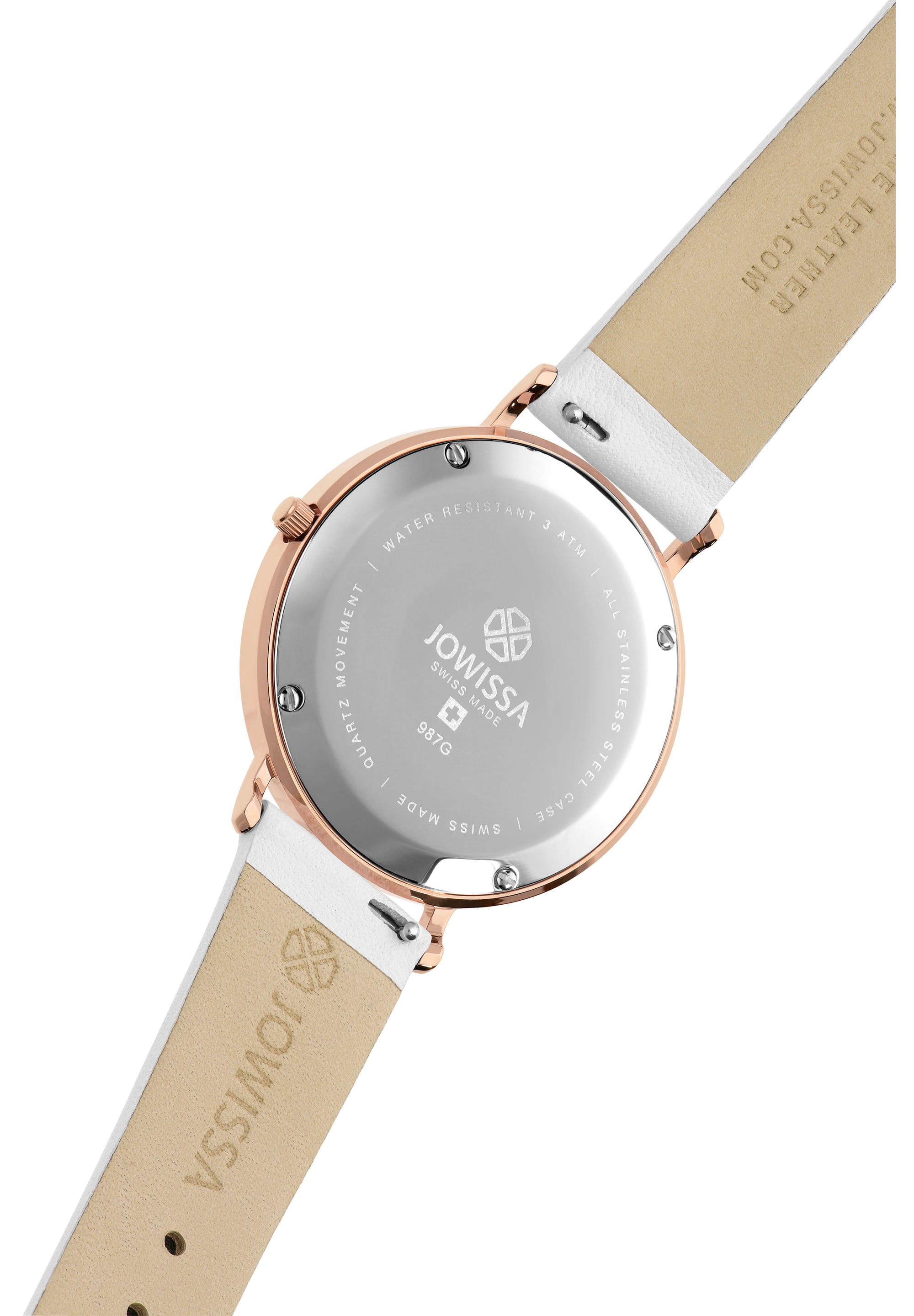 Alto Swiss Ladies Watch J4.366.L featuring a stainless steel case, tempered mineral glass, and a genuine leather strap in rose and white colors.