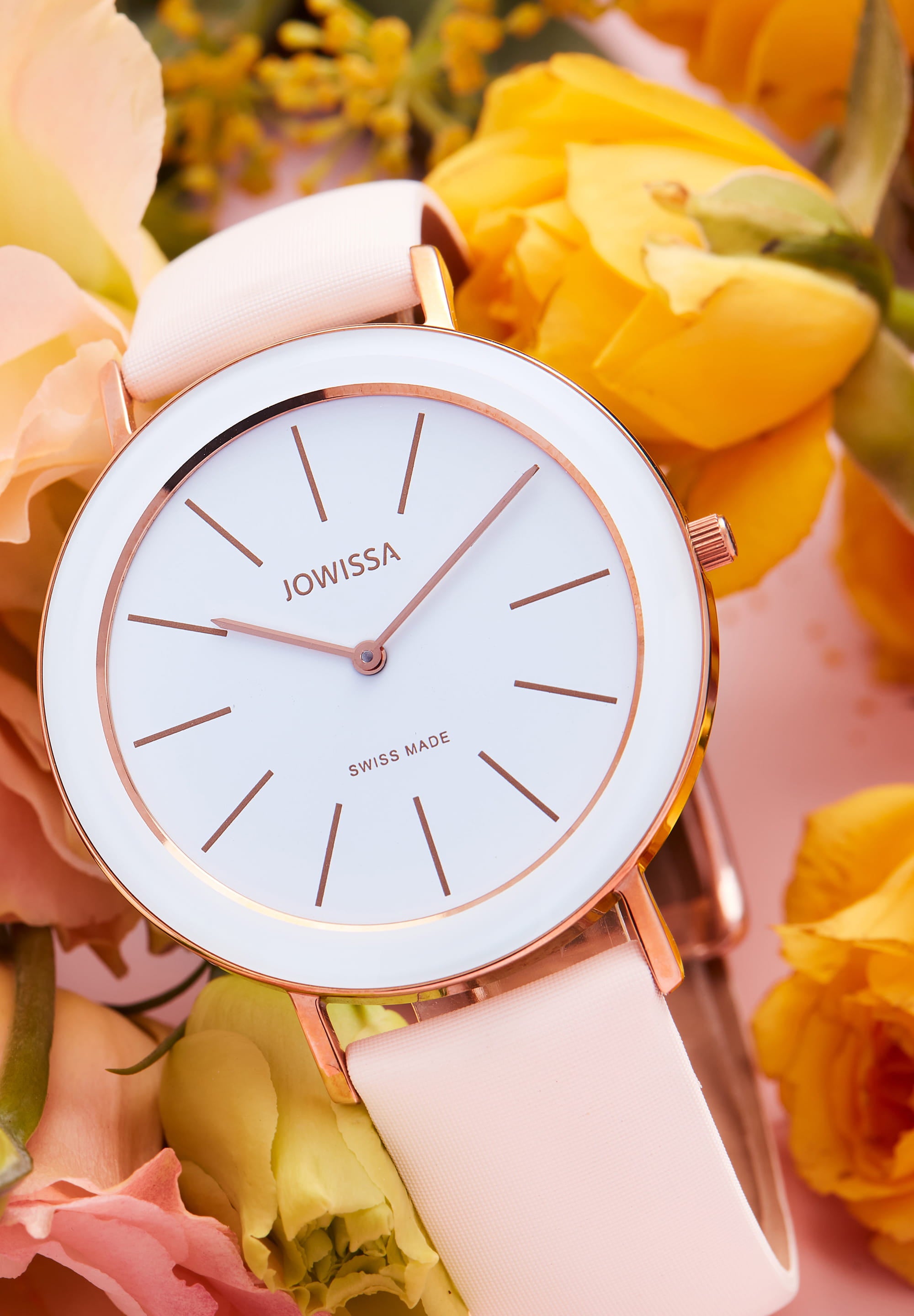 Alto Swiss Ladies Watch J4.366.L featuring a stainless steel case, tempered mineral glass, and a genuine leather strap in rose and white colors.