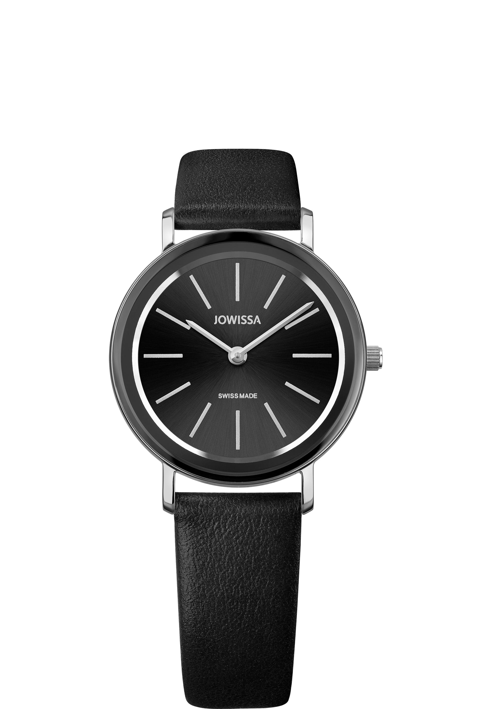 Alto Swiss Ladies Watch J4.383.M featuring a black dial, silver markers, and a genuine leather strap.