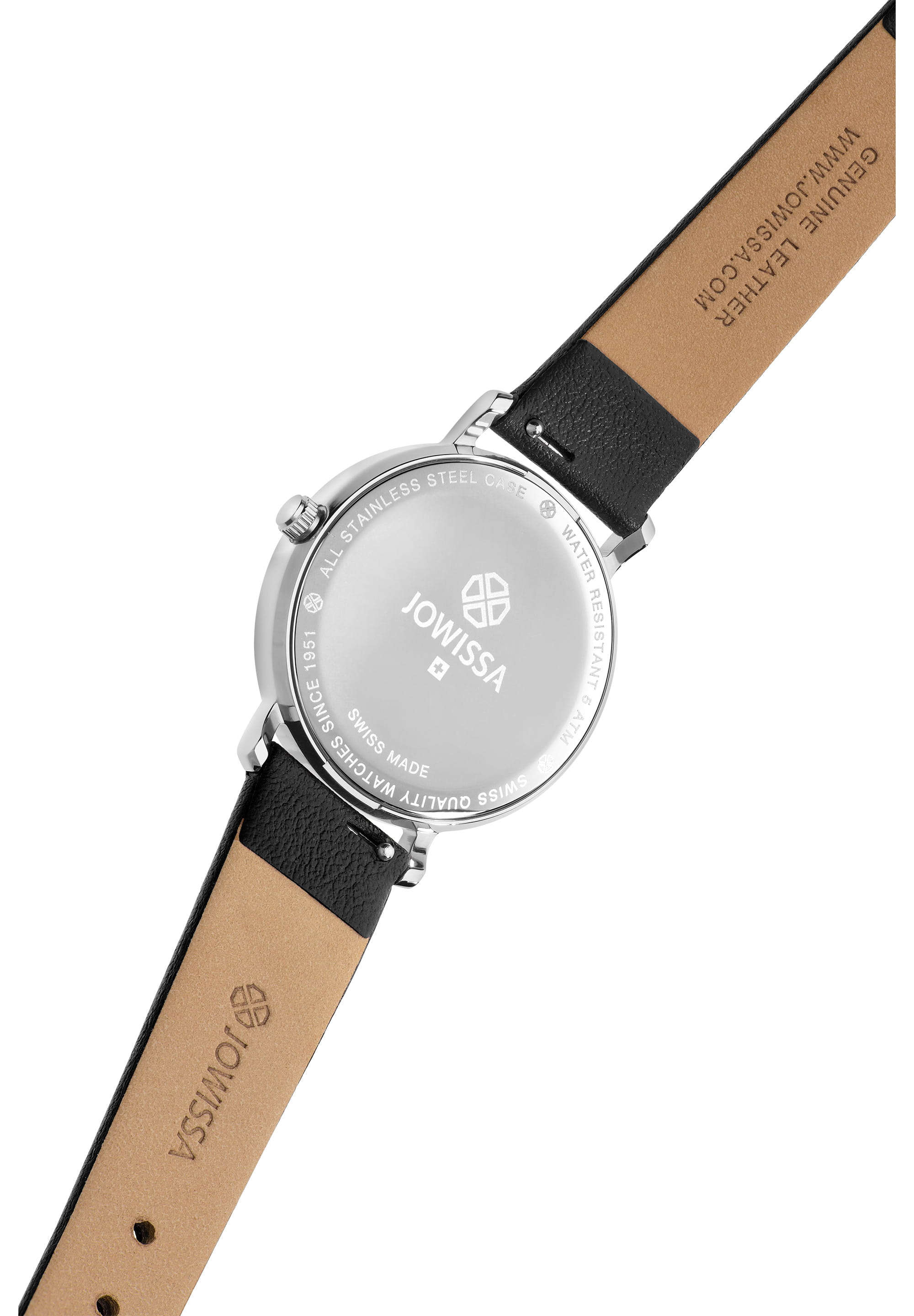 Alto Swiss Ladies Watch J4.383.M featuring a black dial, silver markers, and a genuine leather strap.