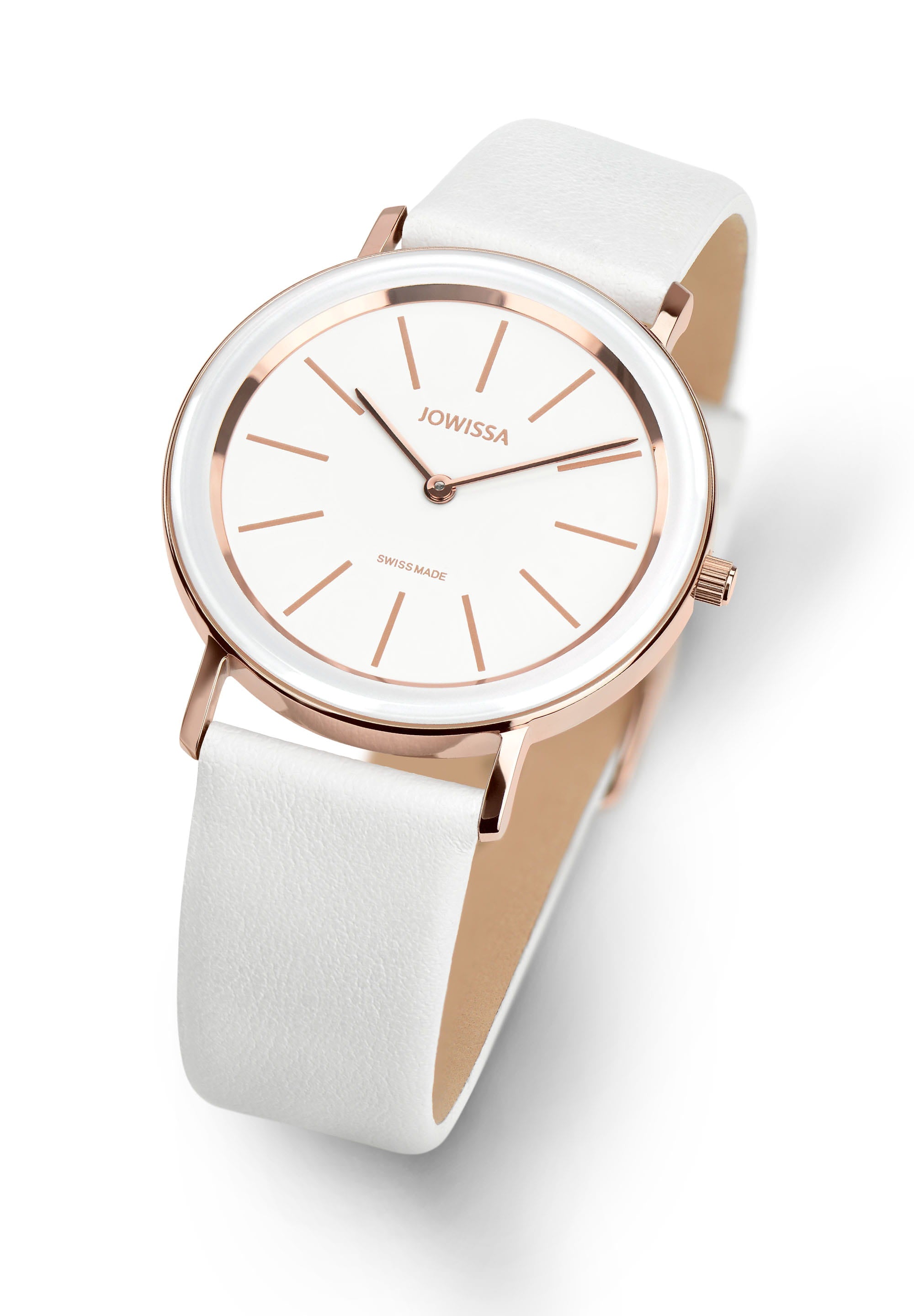 Alto Swiss Ladies Watch J4.384.L featuring a white dial, gold line indices, and a genuine leather strap, elegantly displayed on a wrist.