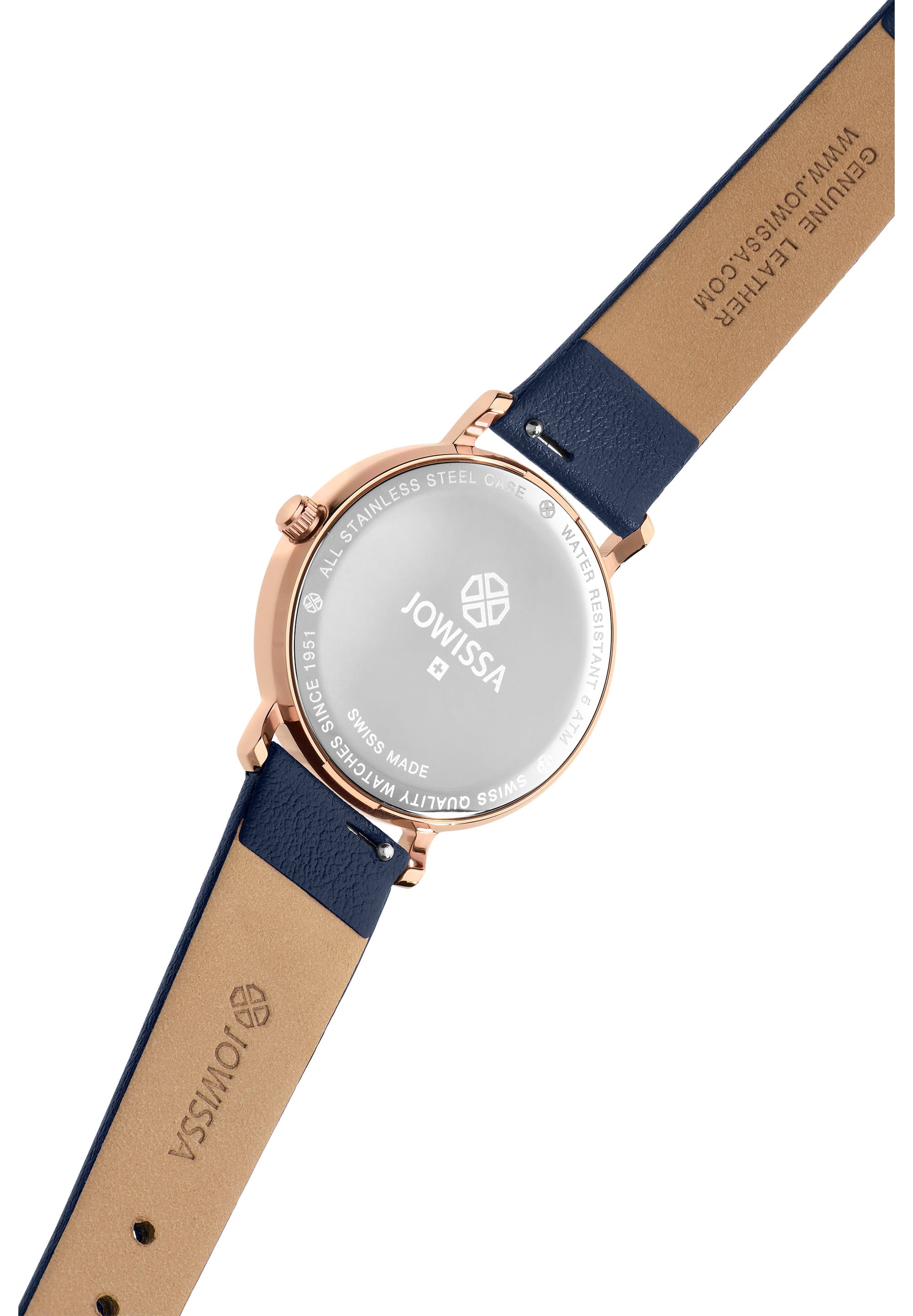 Alto Swiss Ladies Watch J4.386.M featuring a navy blue dial with gold indices and a smooth blue leather strap.