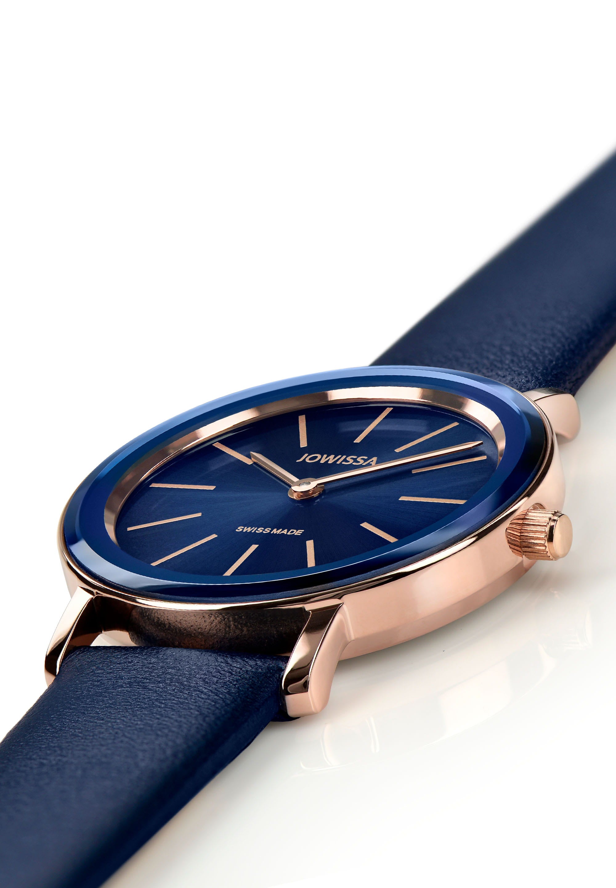 Alto Swiss Ladies Watch J4.386.M featuring a navy blue dial with gold indices and a smooth blue leather strap.