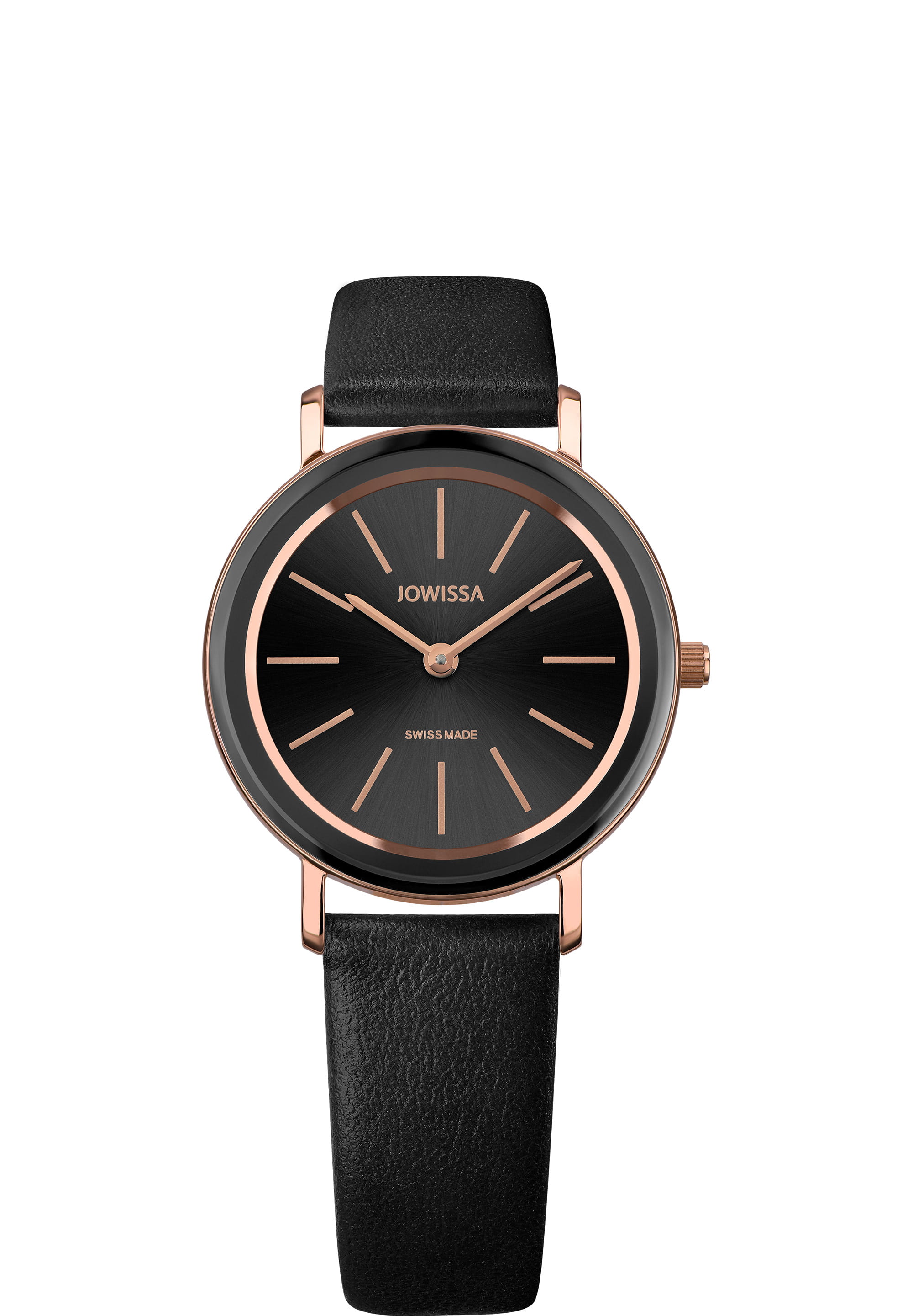 Alto Swiss Ladies Watch J4.387.M featuring a black dial, rose-gold index markers, and a black leather strap, showcasing elegant minimalism.