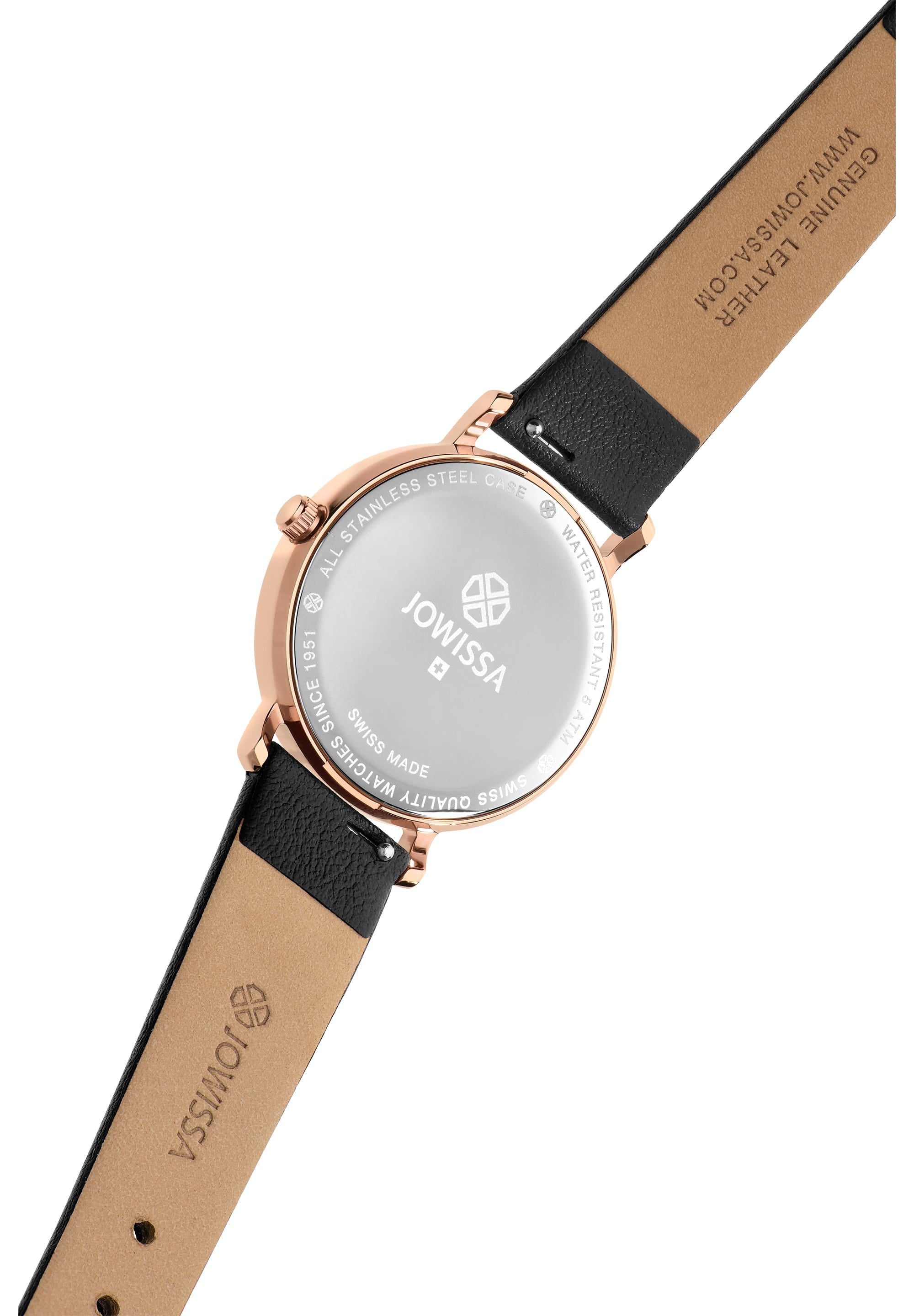 Alto Swiss Ladies Watch J4.387.M featuring a black dial, rose-gold index markers, and a black leather strap, showcasing elegant minimalism.