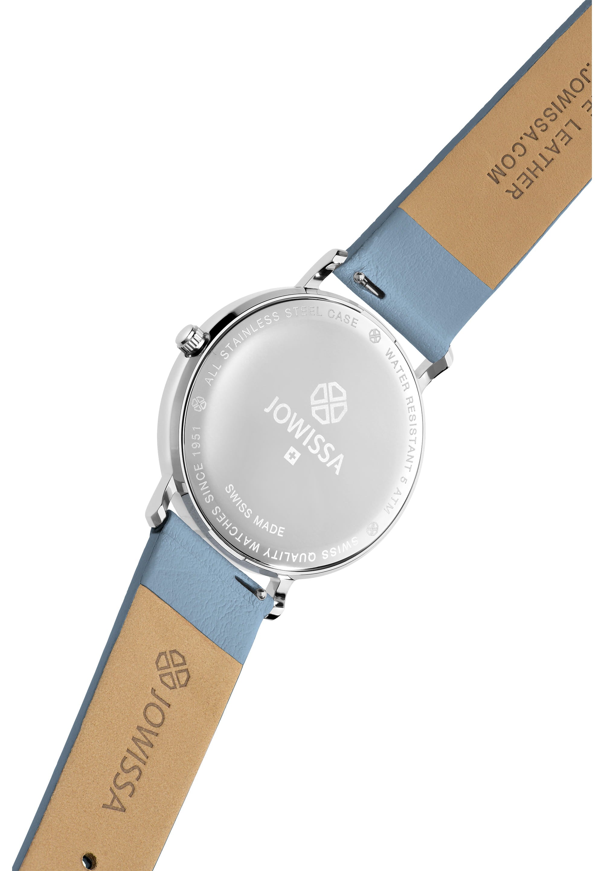 Alto Swiss Ladies Watch J4.389.L featuring a baby blue dial and genuine leather strap, showcasing its elegant design and Swiss craftsmanship.