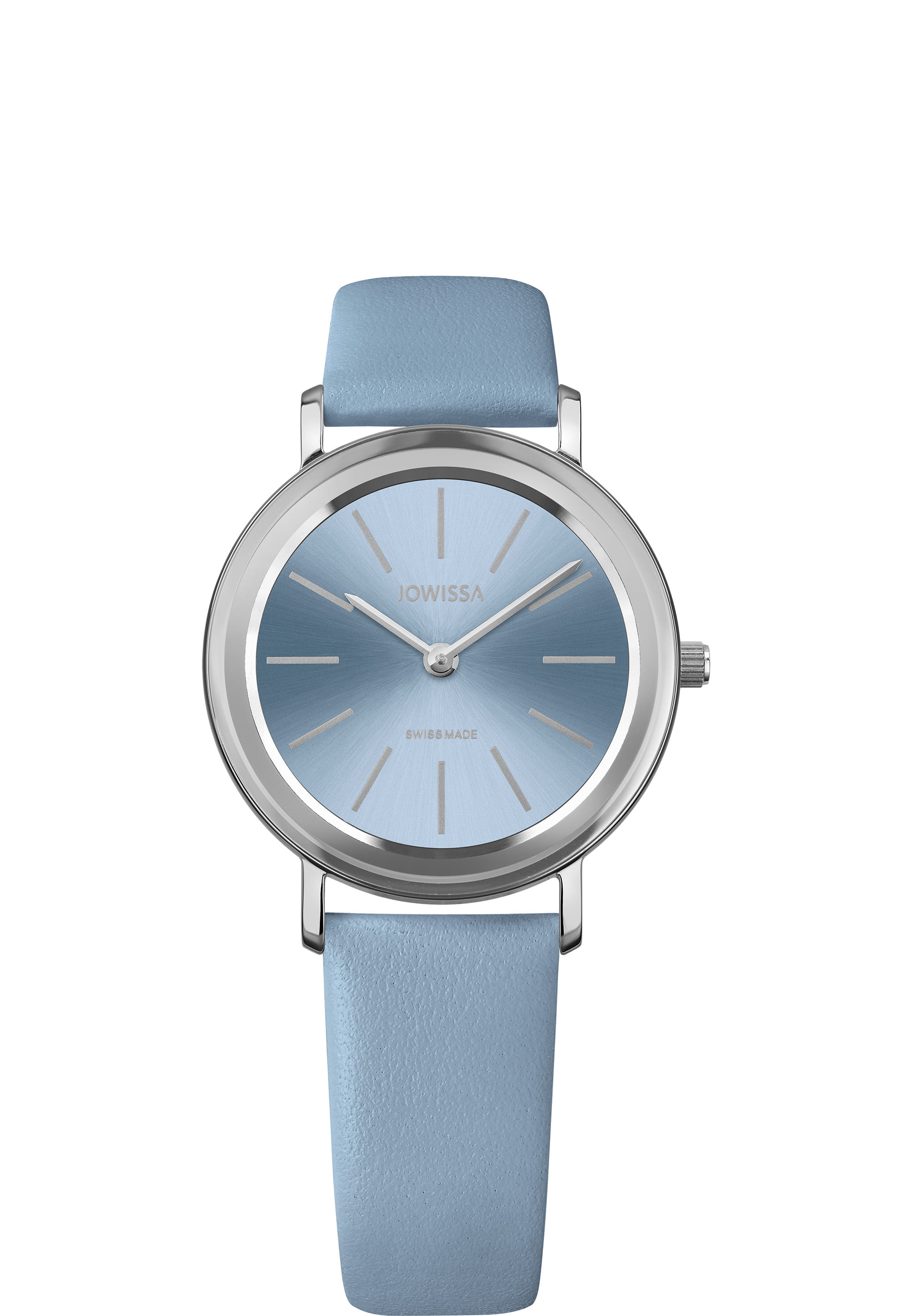 Alto Swiss Ladies Watch J4.389.M featuring a baby blue dial and genuine leather strap, showcasing its elegant design and Swiss craftsmanship.