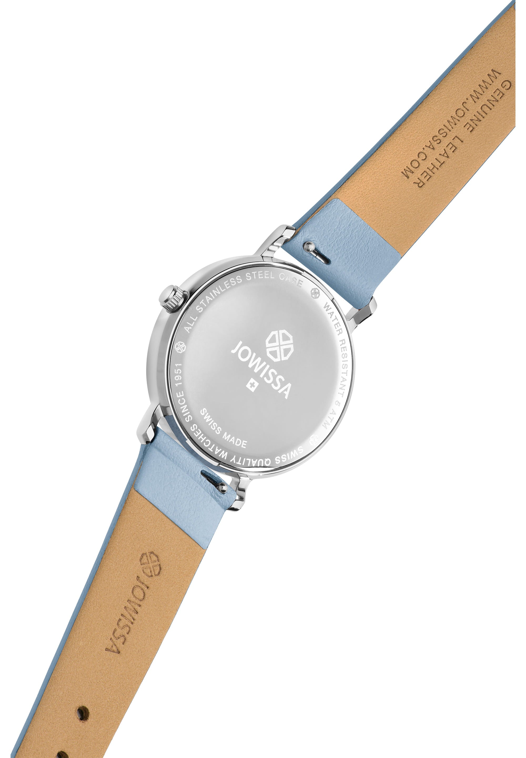 Alto Swiss Ladies Watch J4.389.M featuring a baby blue dial and genuine leather strap, showcasing its elegant design and Swiss craftsmanship.