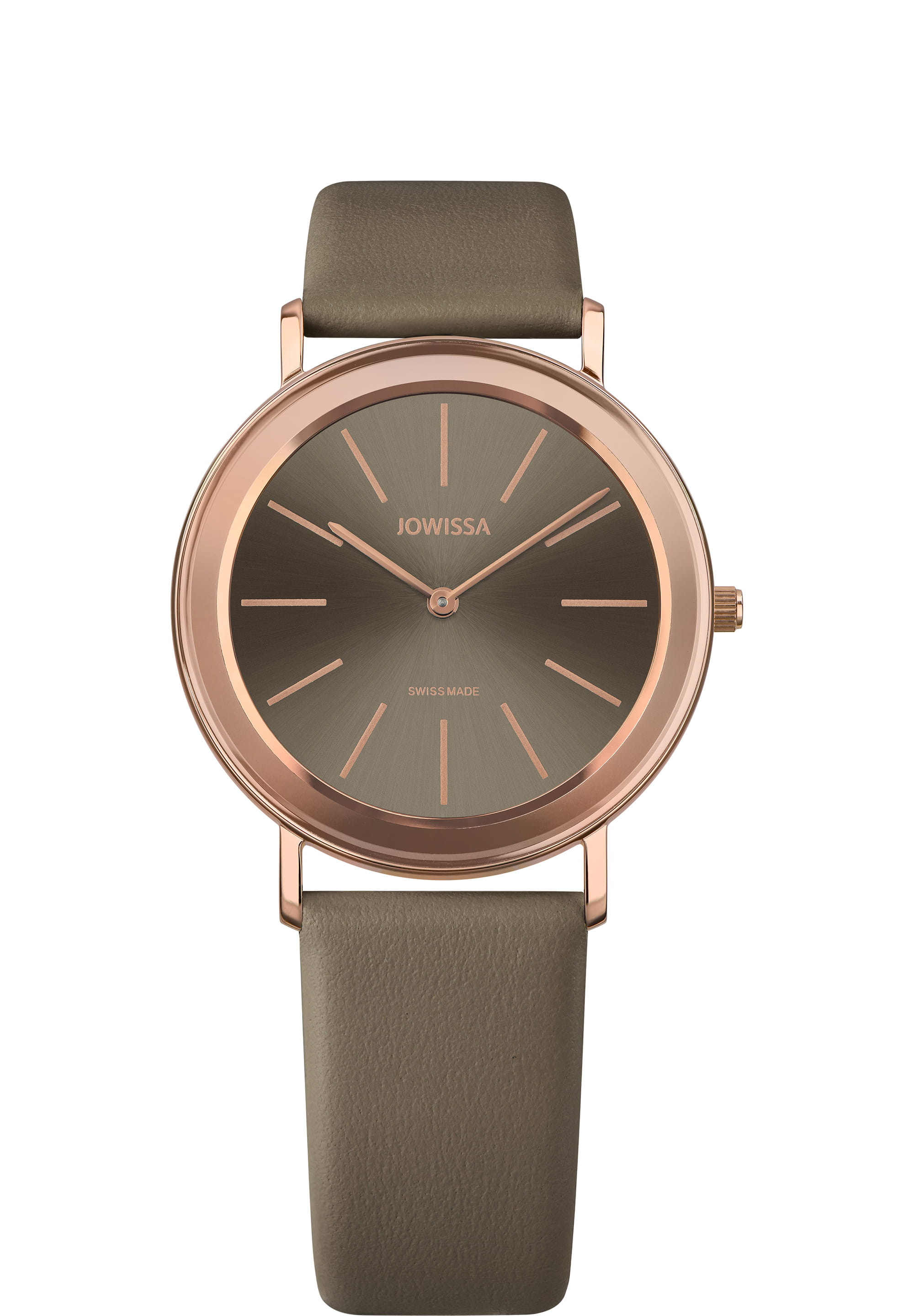 Alto Swiss Ladies Watch J4.390.L featuring a rose gold case, coffee brown leather strap, and minimalist dial with baton hour indices.