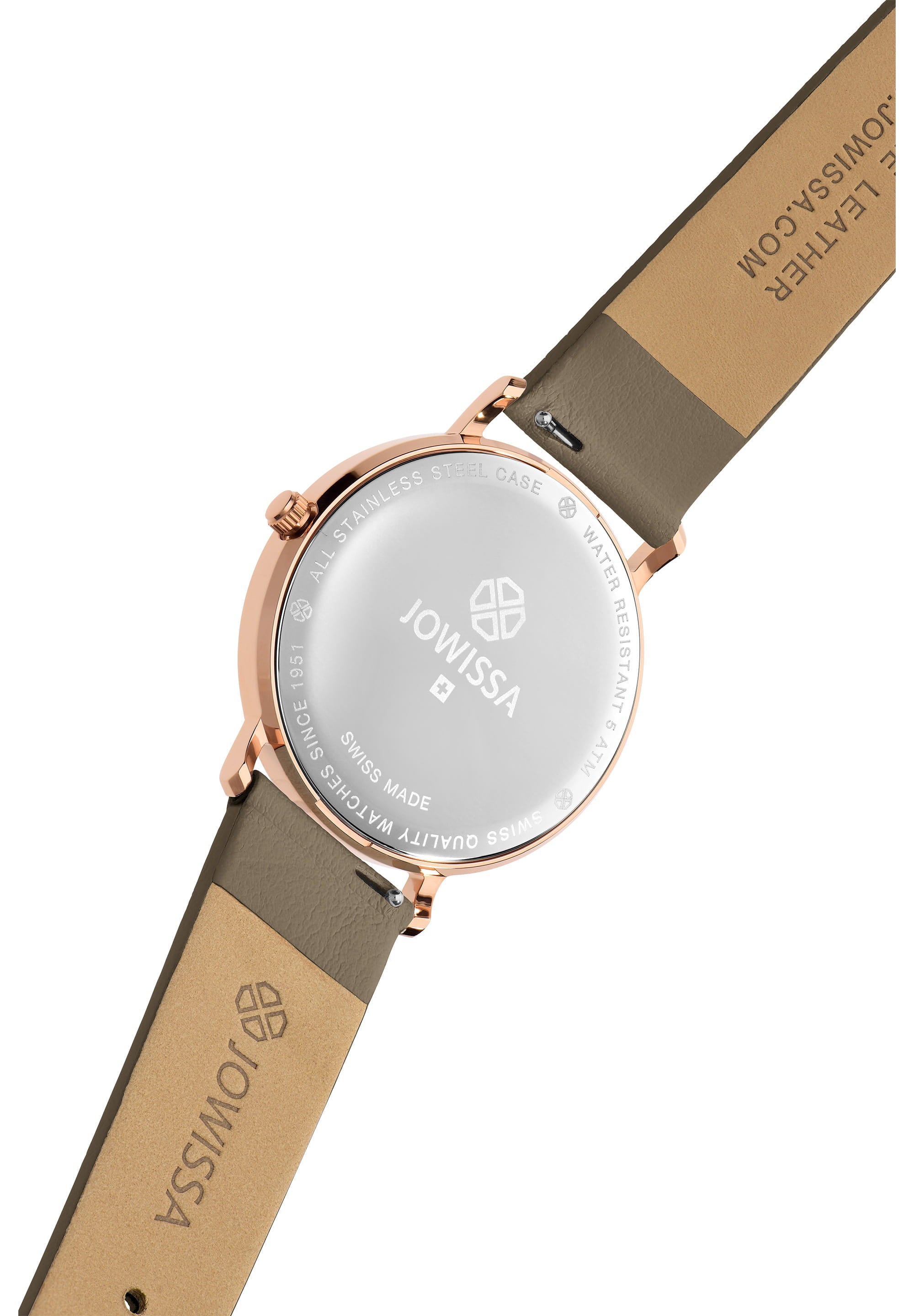 Alto Swiss Ladies Watch J4.390.L featuring a rose gold case, coffee brown leather strap, and minimalist dial with baton hour indices.