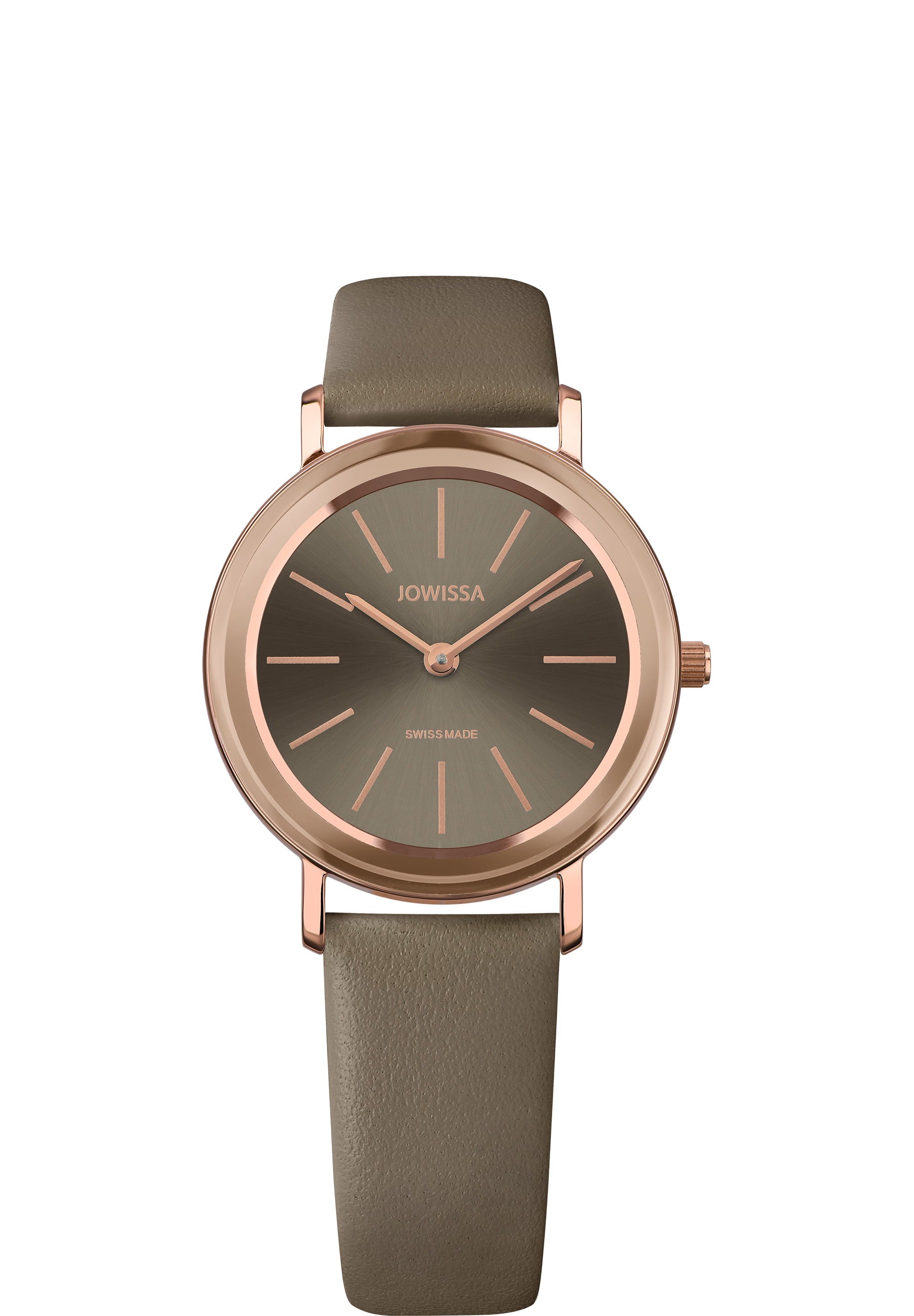 Alto Swiss Ladies Watch J4.390.M featuring a rose gold case and coffee brown leather strap, showcasing a minimalist design.