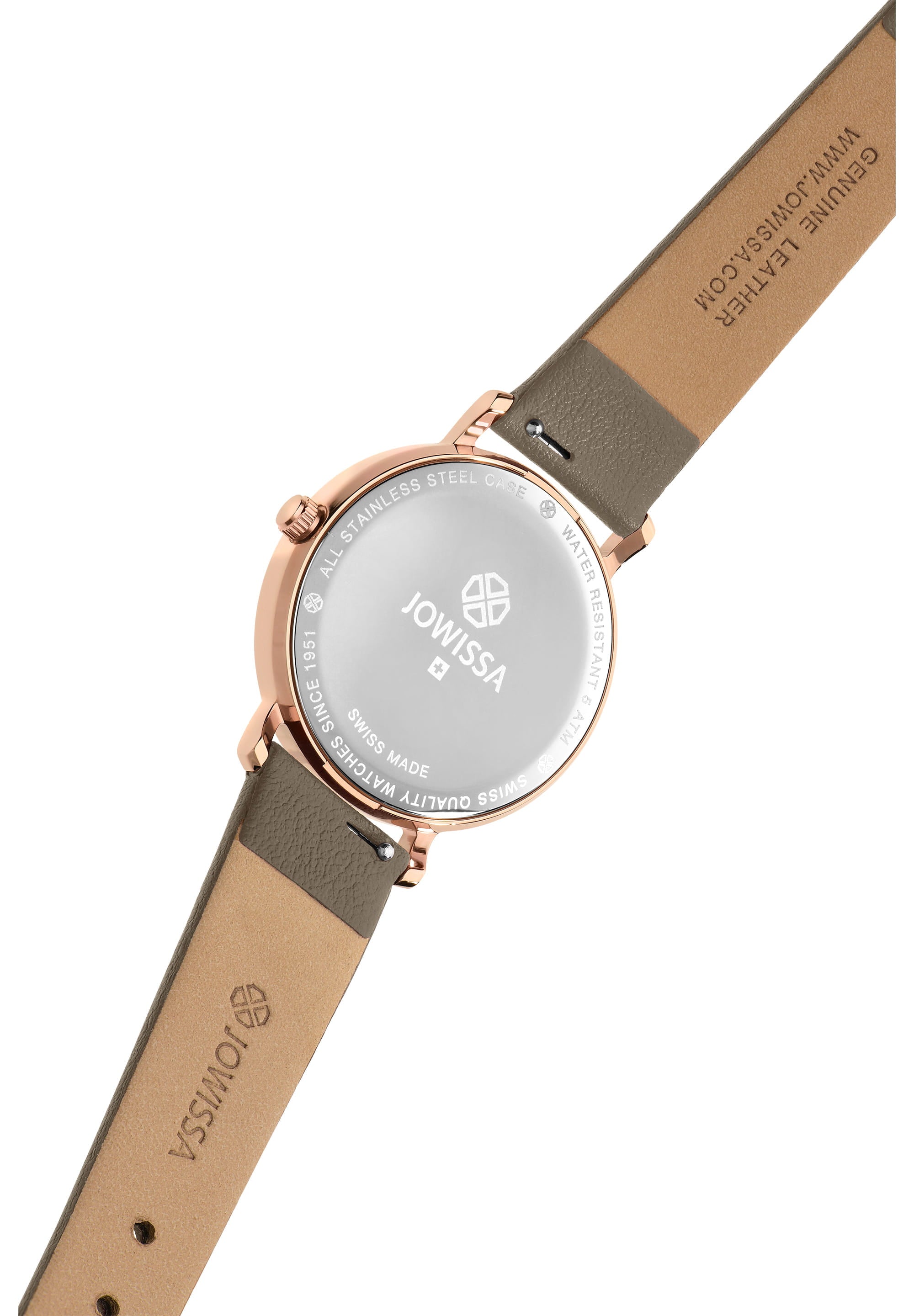 Alto Swiss Ladies Watch J4.390.M featuring a rose gold case and coffee brown leather strap, showcasing a minimalist design.