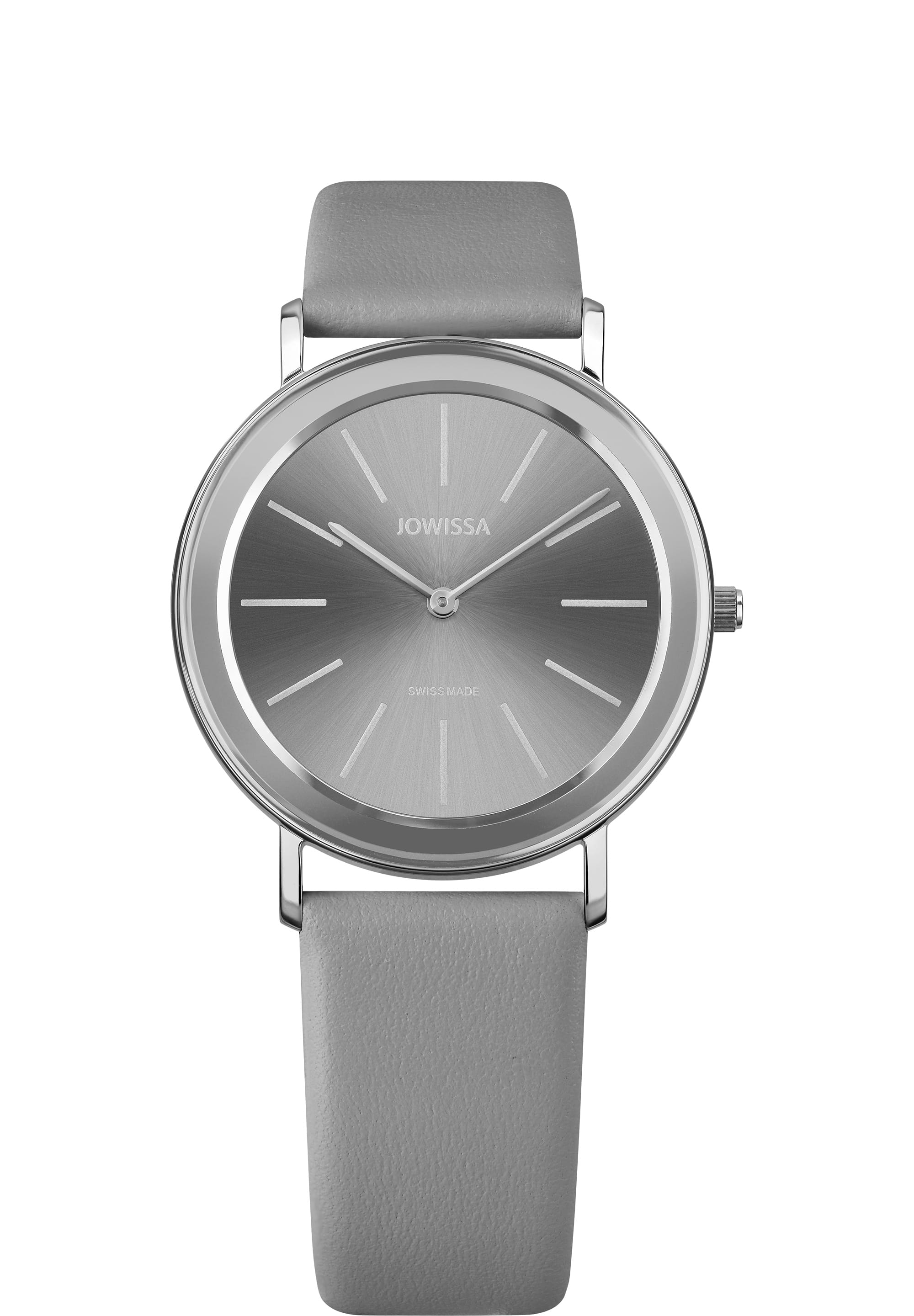 Alto Swiss Ladies Watch J4.391.L featuring a silver-grey dial, stainless steel case, and grey leather strap, showcasing minimalist elegance.