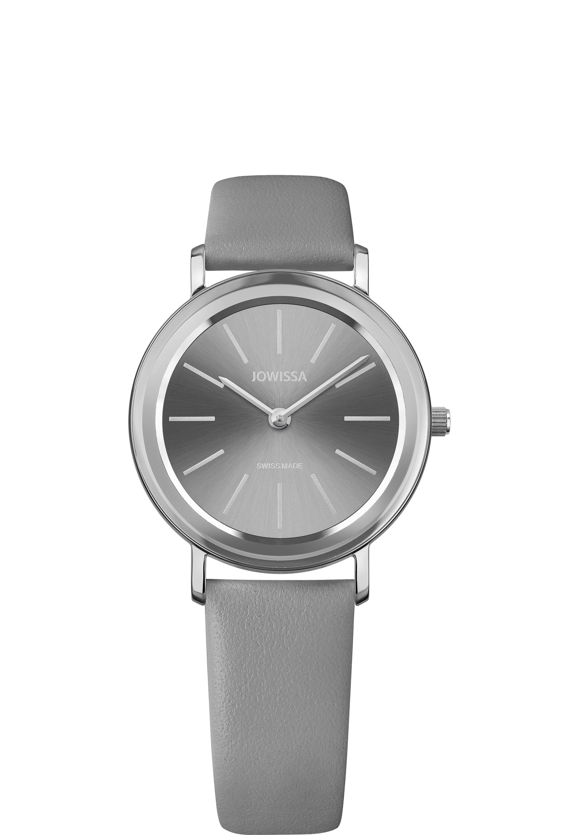 Alto Swiss Ladies Watch J4.391.M featuring a grey dial, stainless steel case, and grey leather strap, showcasing elegance and minimalism.