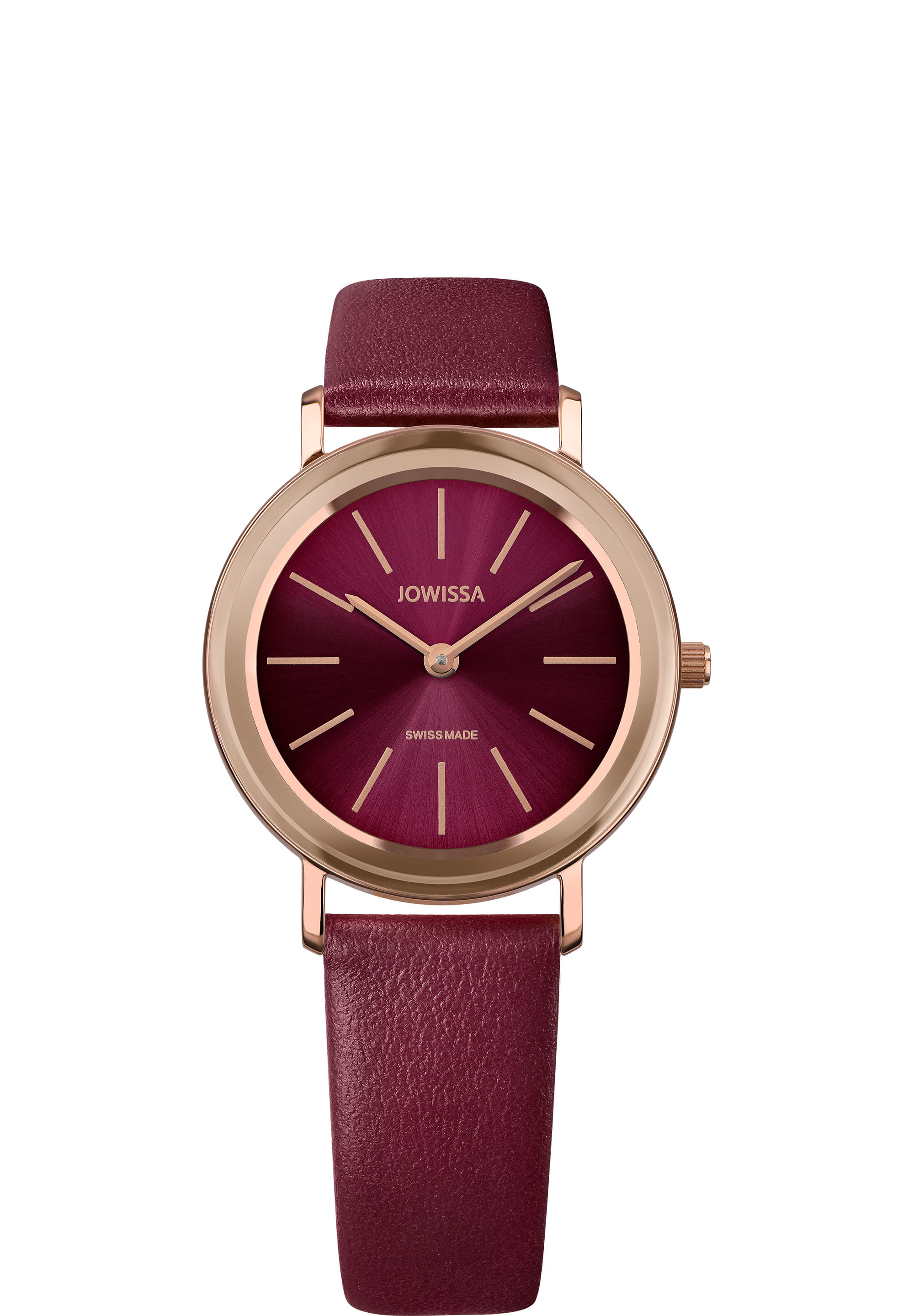 Alto Swiss Ladies Watch J4.392.M featuring a burgundy dial and rose gold indices, set in a stainless steel case with a burgundy leather strap.