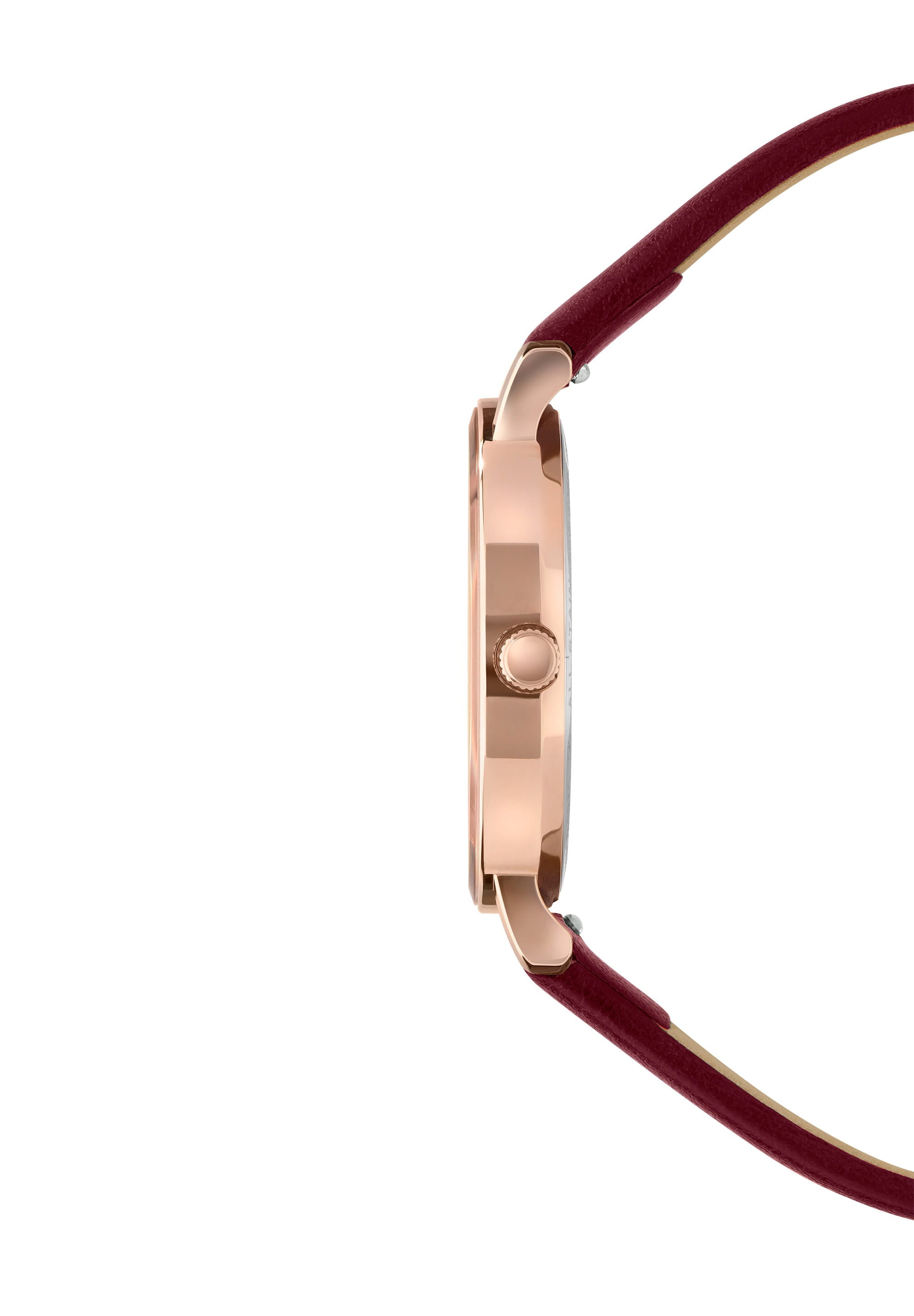 Alto Swiss Ladies Watch J4.392.M featuring a burgundy dial and rose gold indices, set in a stainless steel case with a burgundy leather strap.