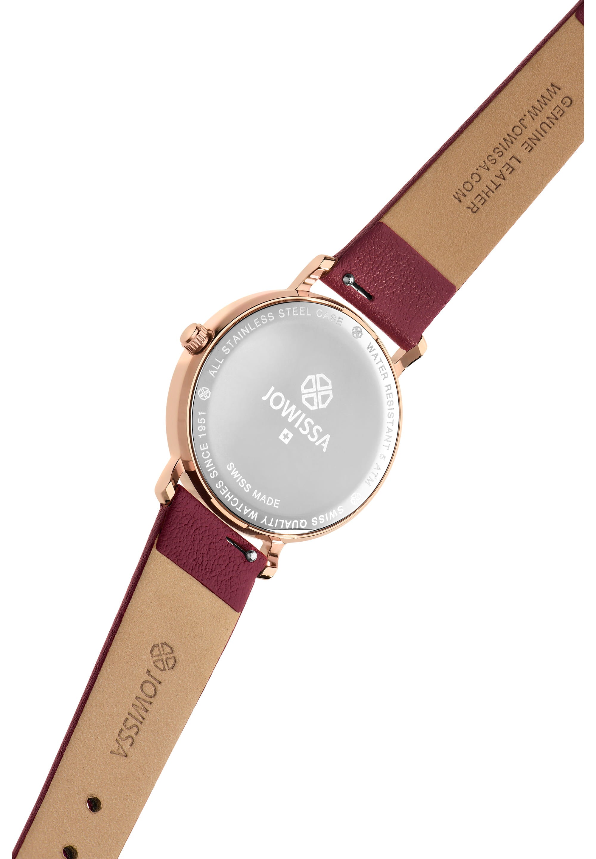 Alto Swiss Ladies Watch J4.392.M featuring a burgundy dial and rose gold indices, set in a stainless steel case with a burgundy leather strap.