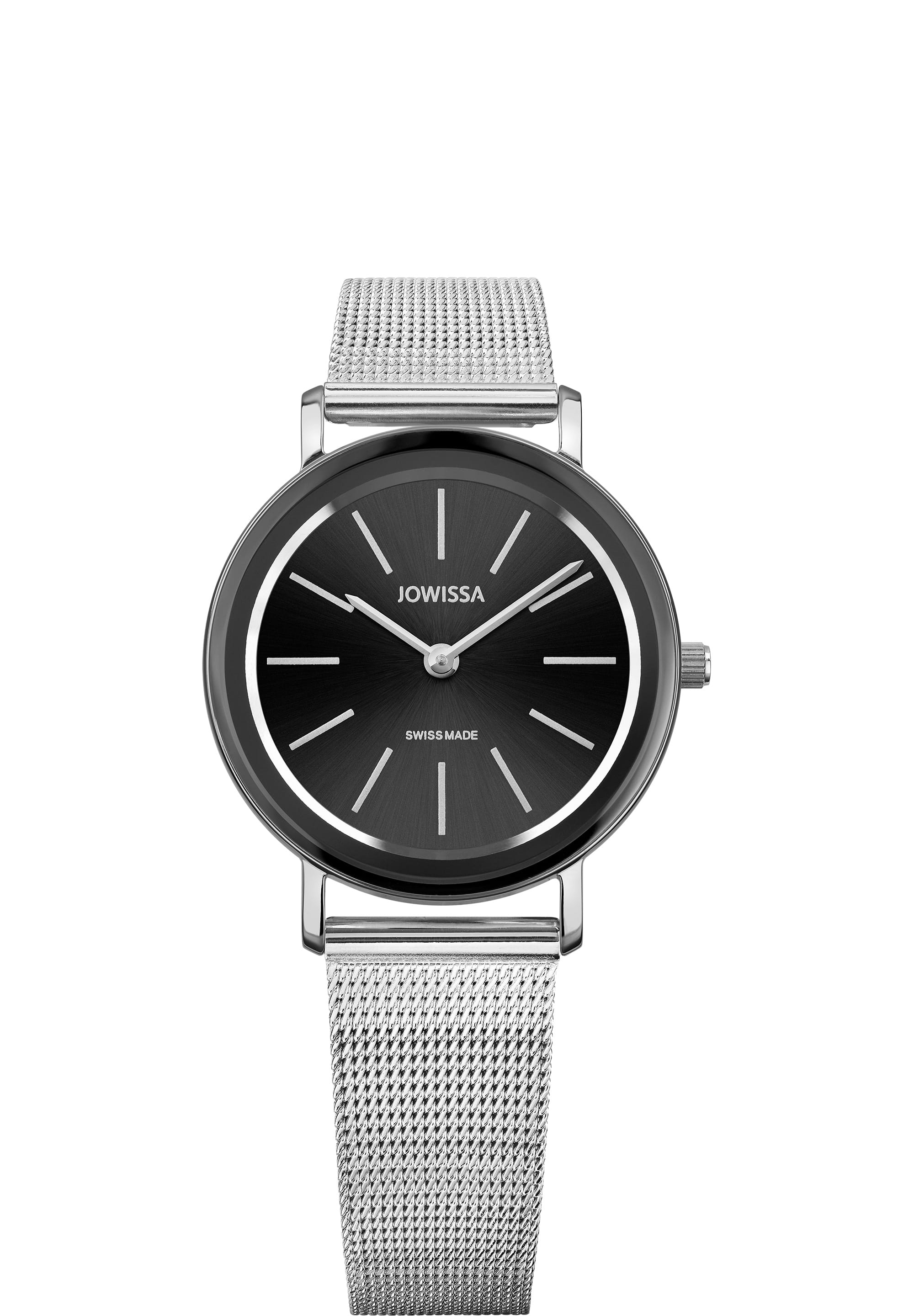 Alto Swiss Ladies Watch J4.394.M featuring a black dial and silver mesh bracelet, showcasing elegant design and Swiss craftsmanship.