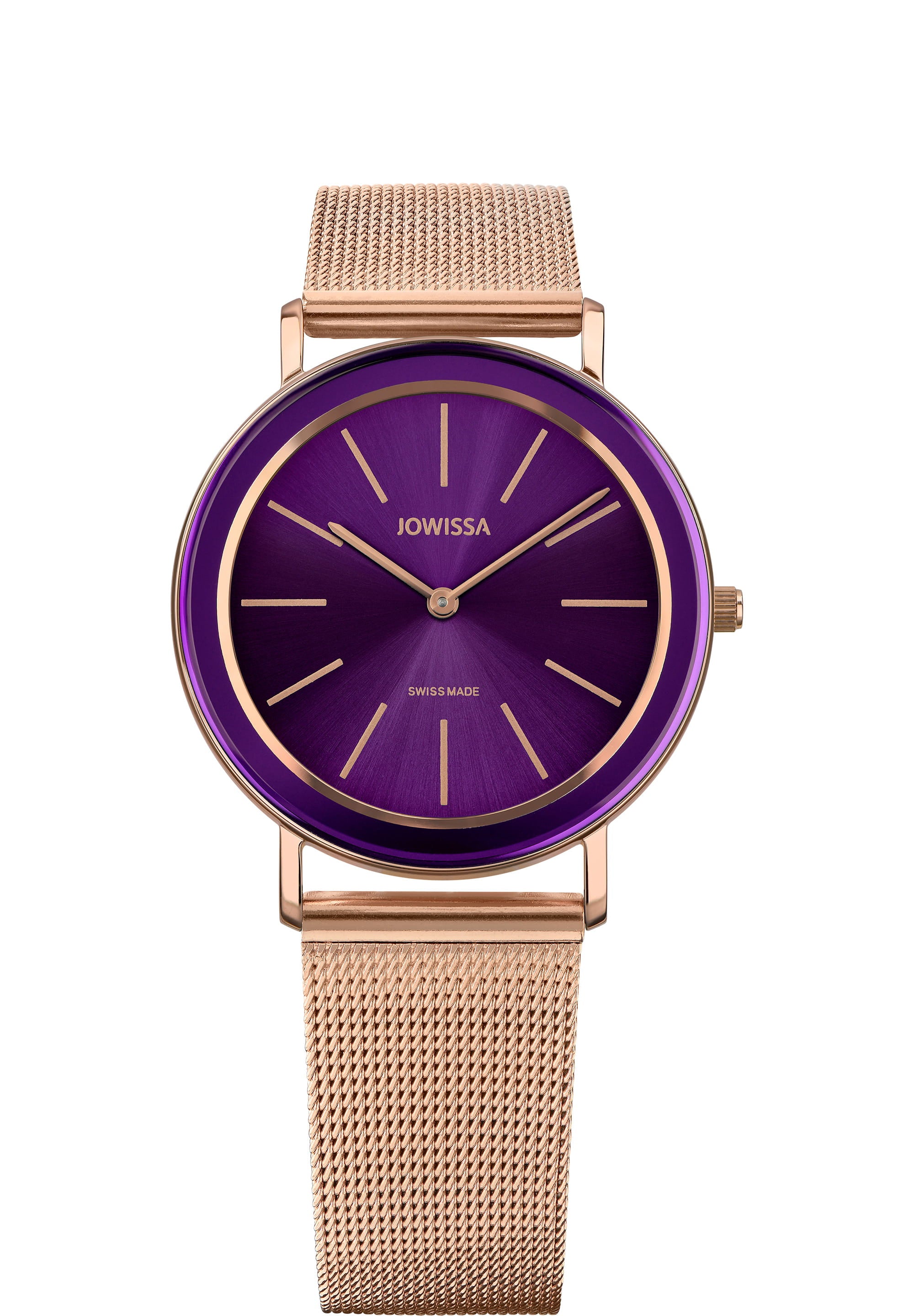 Alto Swiss Ladies Watch J4.397.L featuring a purple dial and rose-gold mesh bracelet, showcasing elegance and style.