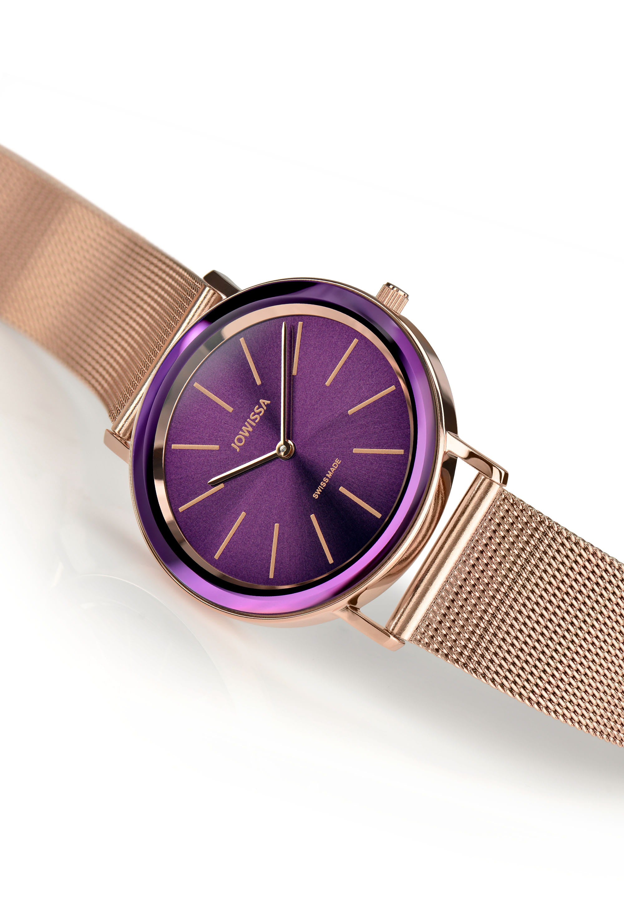 Alto Swiss Ladies Watch J4.397.L featuring a purple dial and rose-gold mesh bracelet, showcasing elegance and style.