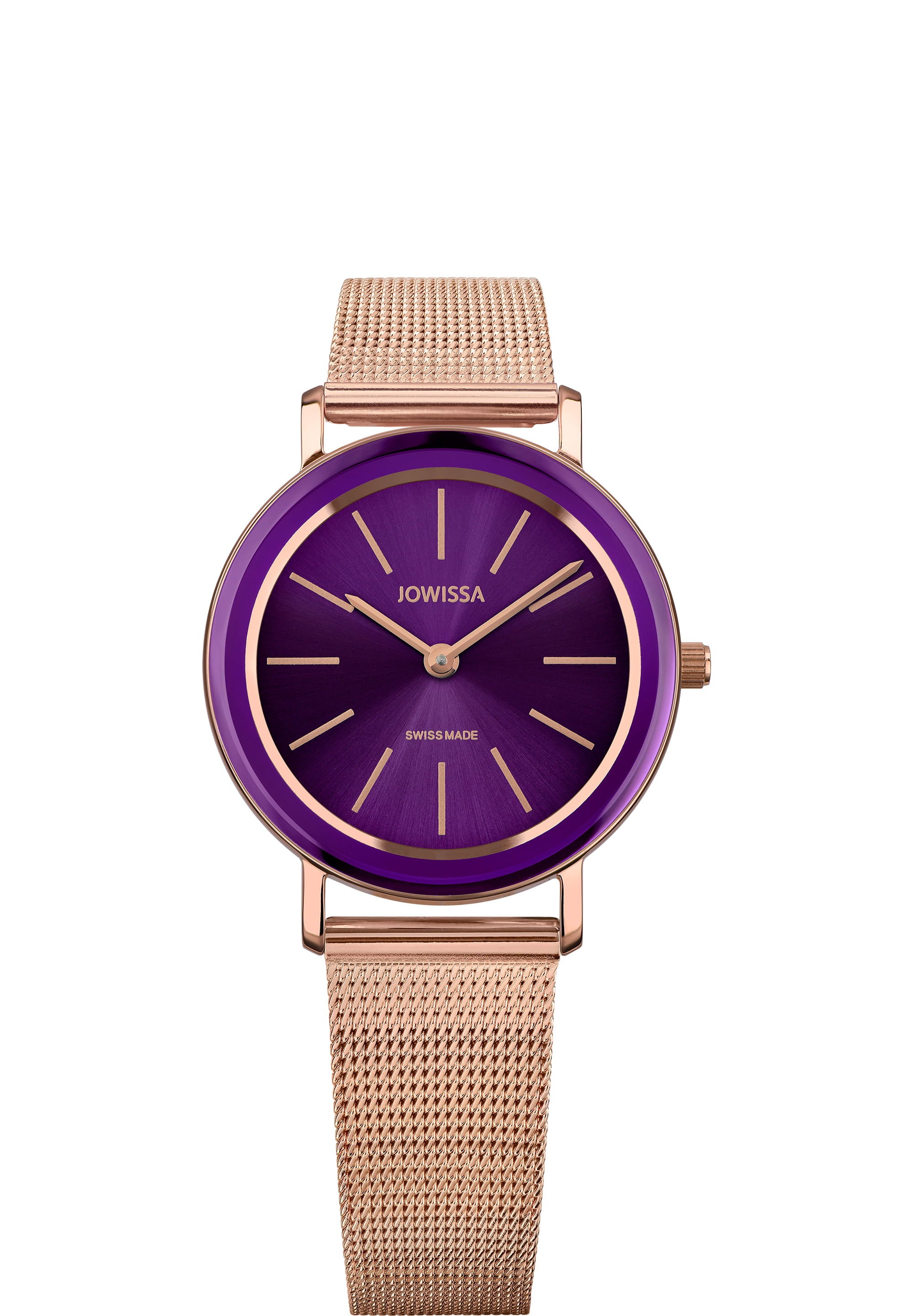 Alto Swiss Ladies Watch J4.397.M featuring a purple dial and rose-gold mesh bracelet, showcasing its elegant design and Swiss craftsmanship.