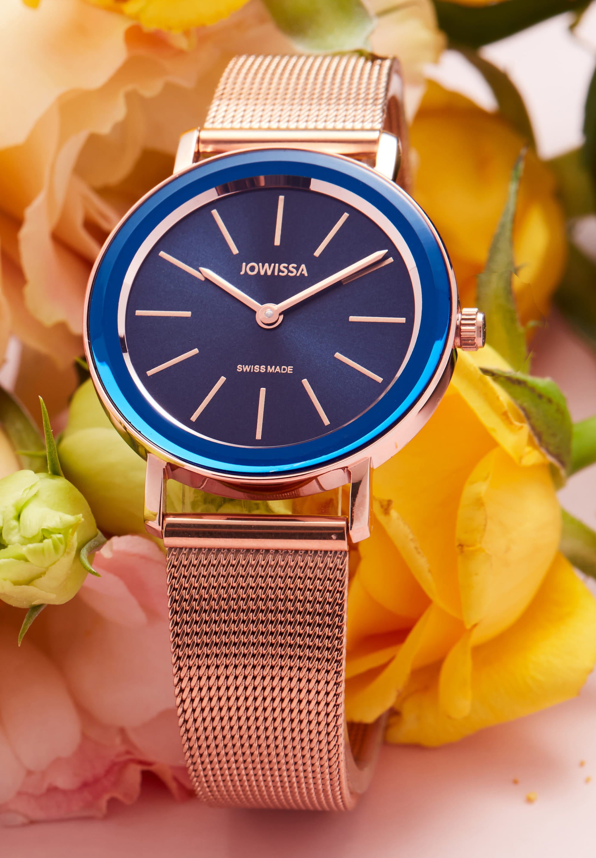 Alto Swiss Ladies Watch J4.398.M featuring a navy blue dial and rose-gold mesh bracelet, showcasing elegance and sophistication.