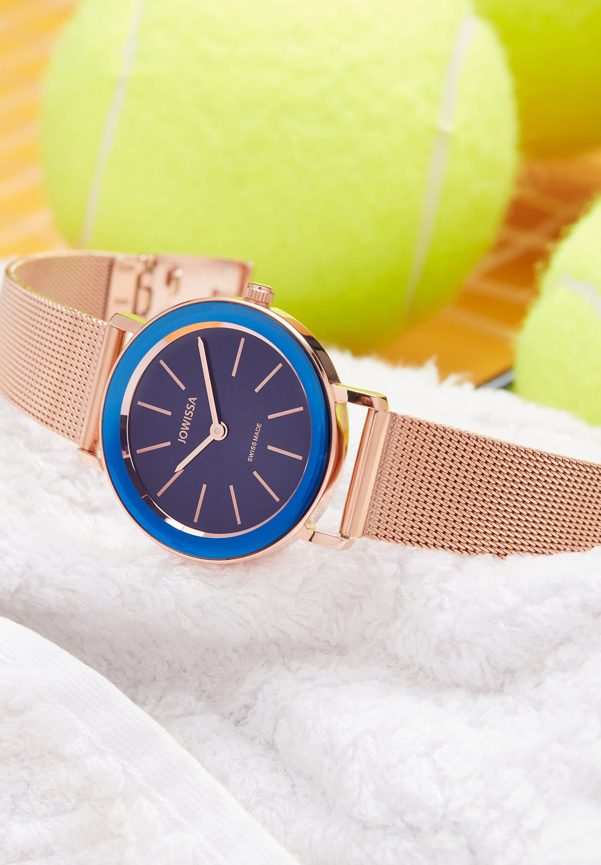 Alto Swiss Ladies Watch J4.398.M featuring a navy blue dial and rose-gold mesh bracelet, showcasing elegance and sophistication.