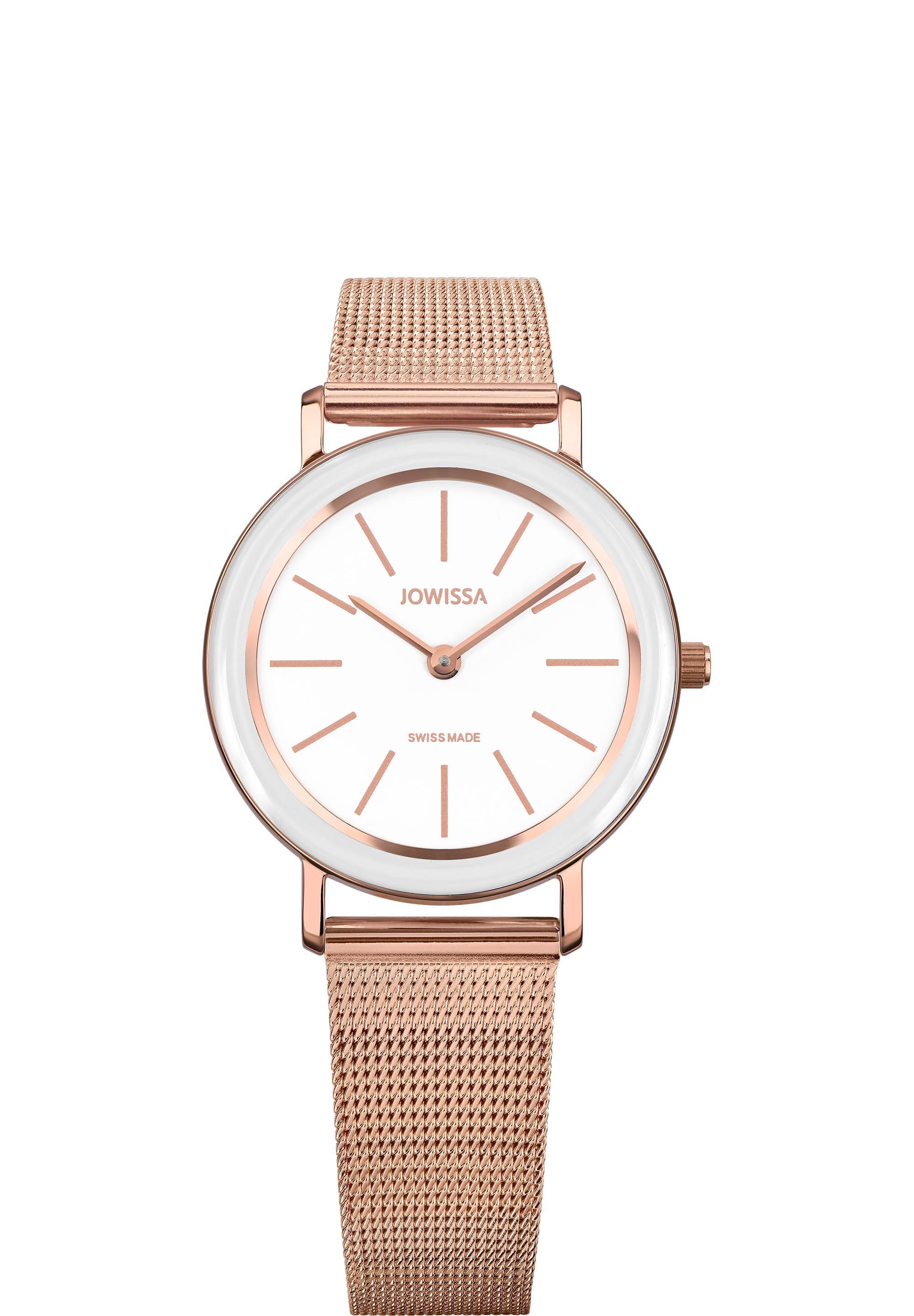 Alto Swiss Ladies Watch J4.399.M featuring an ice-white dial, gold mesh bracelet, and stainless steel case, showcasing elegance and minimalism.