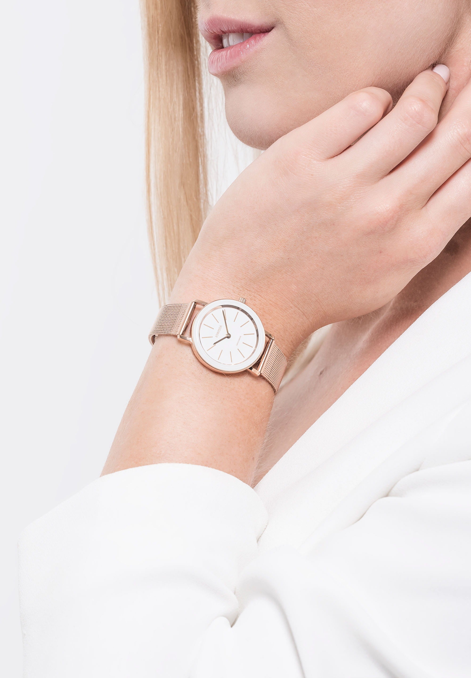 Alto Swiss Ladies Watch J4.399.M featuring an ice-white dial, gold mesh bracelet, and stainless steel case, showcasing elegance and minimalism.