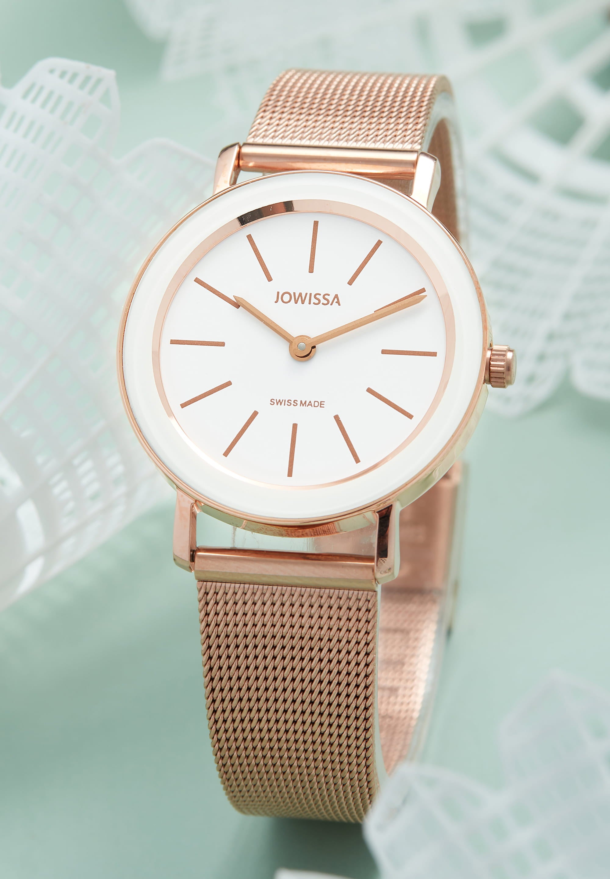 Alto Swiss Ladies Watch J4.399.M featuring an ice-white dial, gold mesh bracelet, and stainless steel case, showcasing elegance and minimalism.