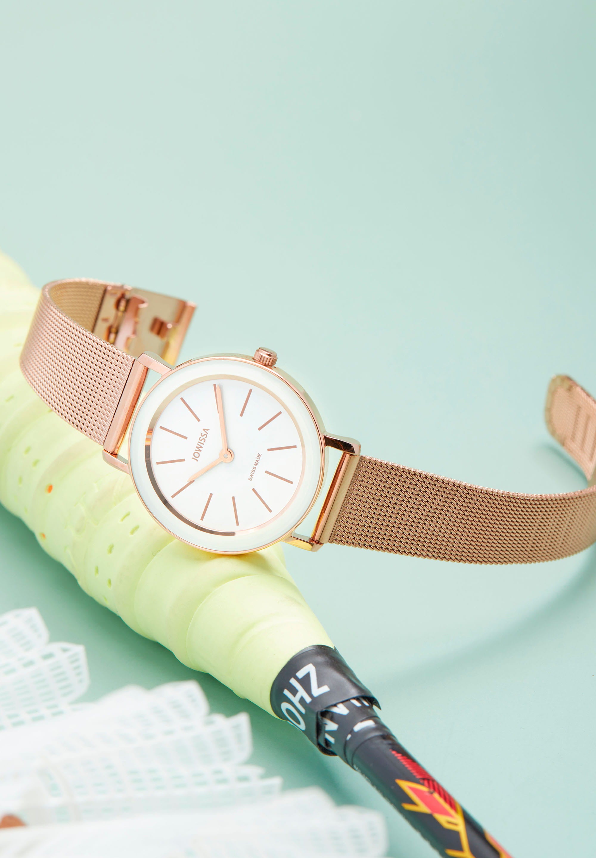 Alto Swiss Ladies Watch J4.399.M featuring an ice-white dial, gold mesh bracelet, and stainless steel case, showcasing elegance and minimalism.