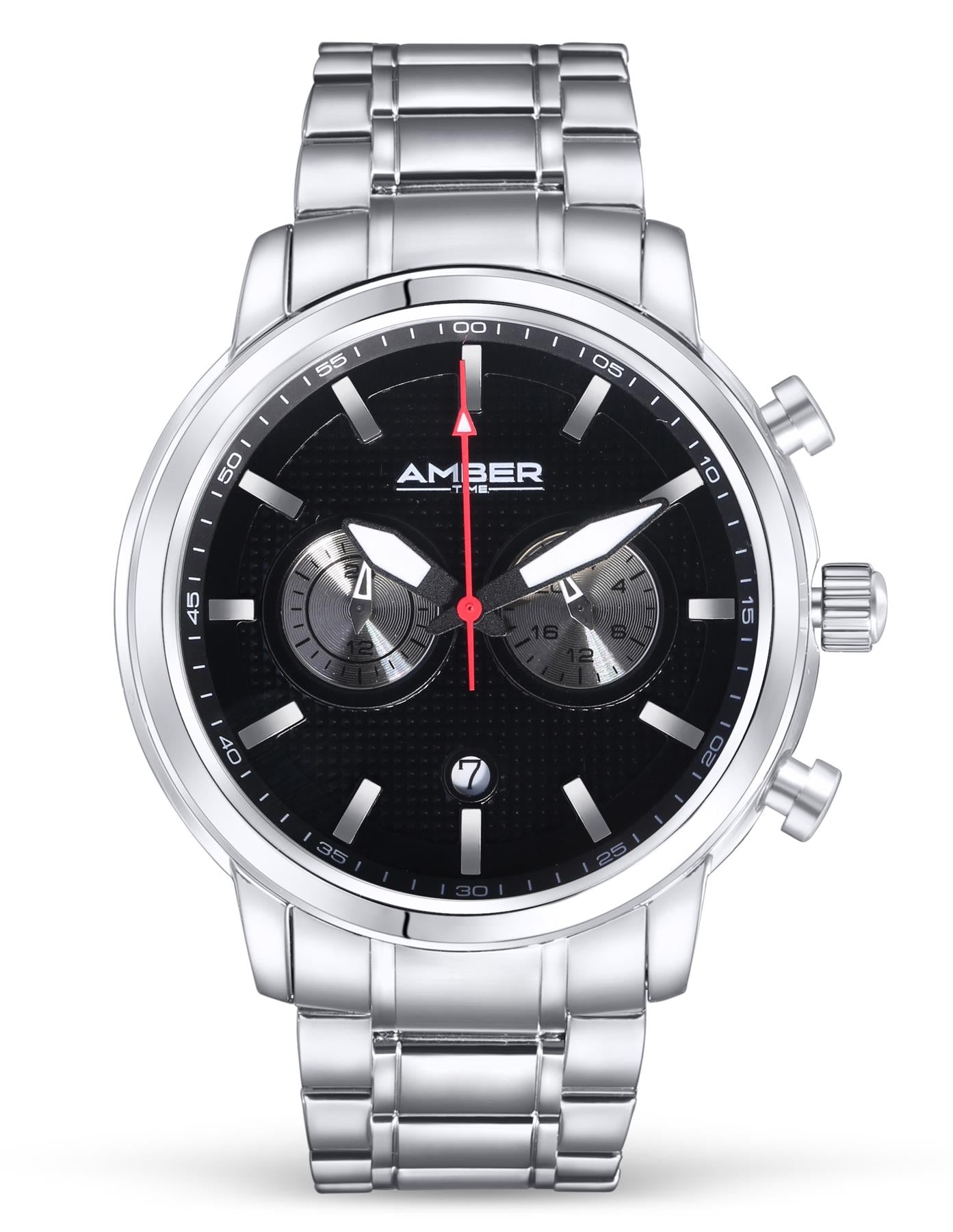 Amber Time Men's Quartz Chronograph Watch featuring a polished stainless steel case, black dial, and durable stainless steel band.