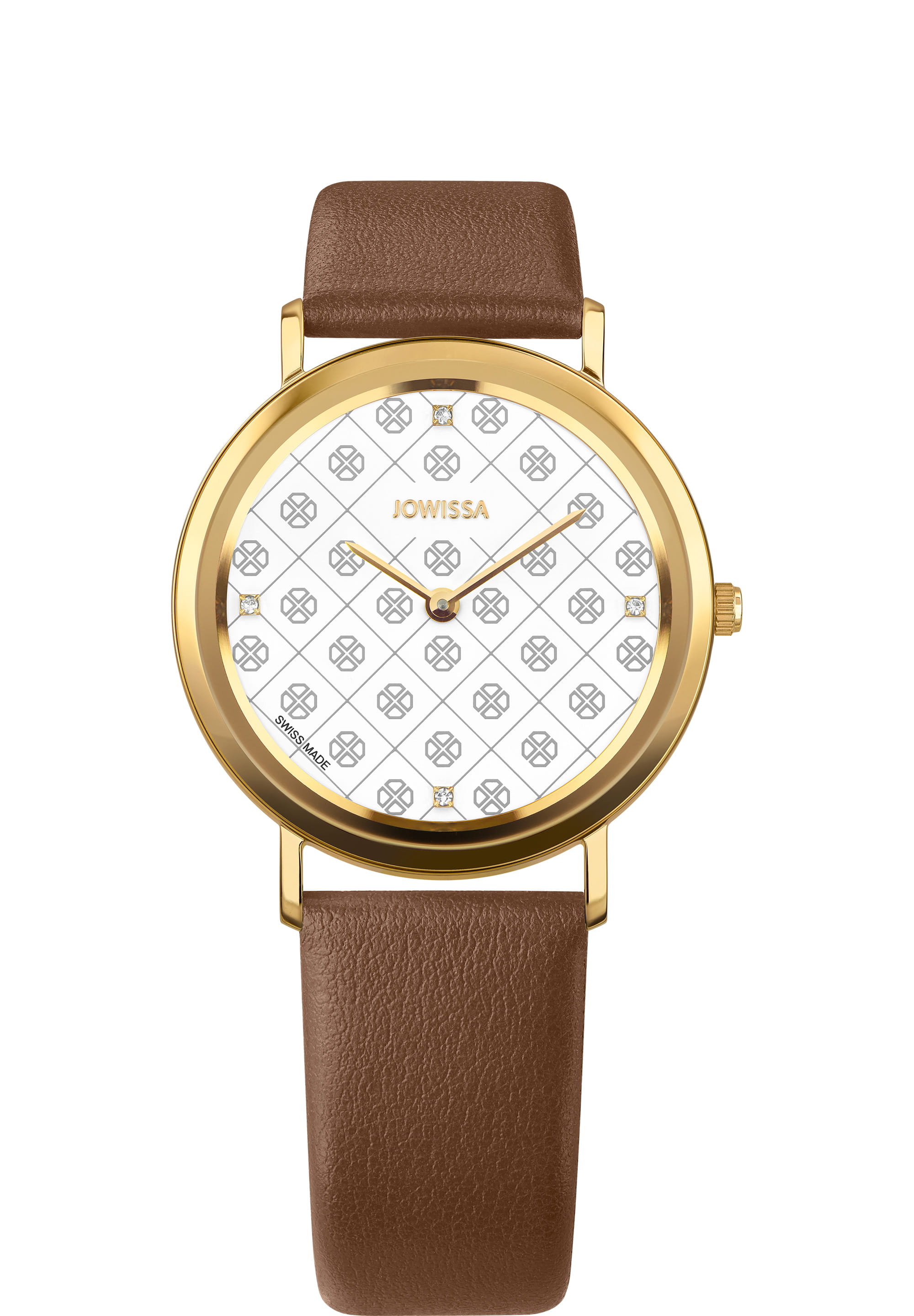 AnWy Swiss Ladies Watch J6.230.L featuring a white dial with logo pattern, gold-tone polished case, and brown leather strap.