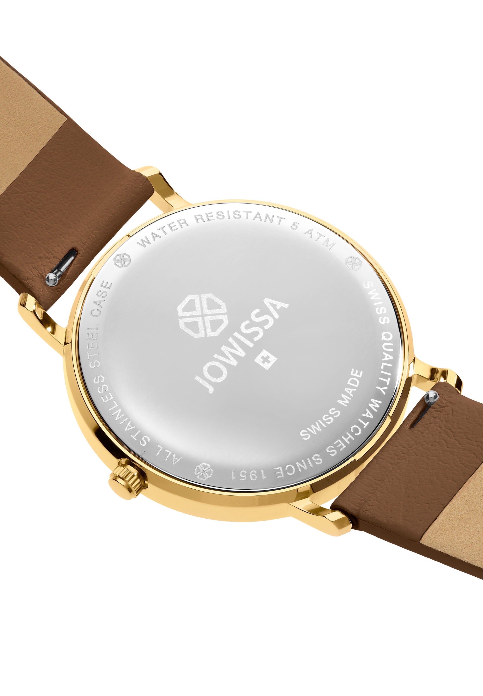 AnWy Swiss Ladies Watch J6.230.L featuring a white dial with logo pattern, gold-tone polished case, and brown leather strap.