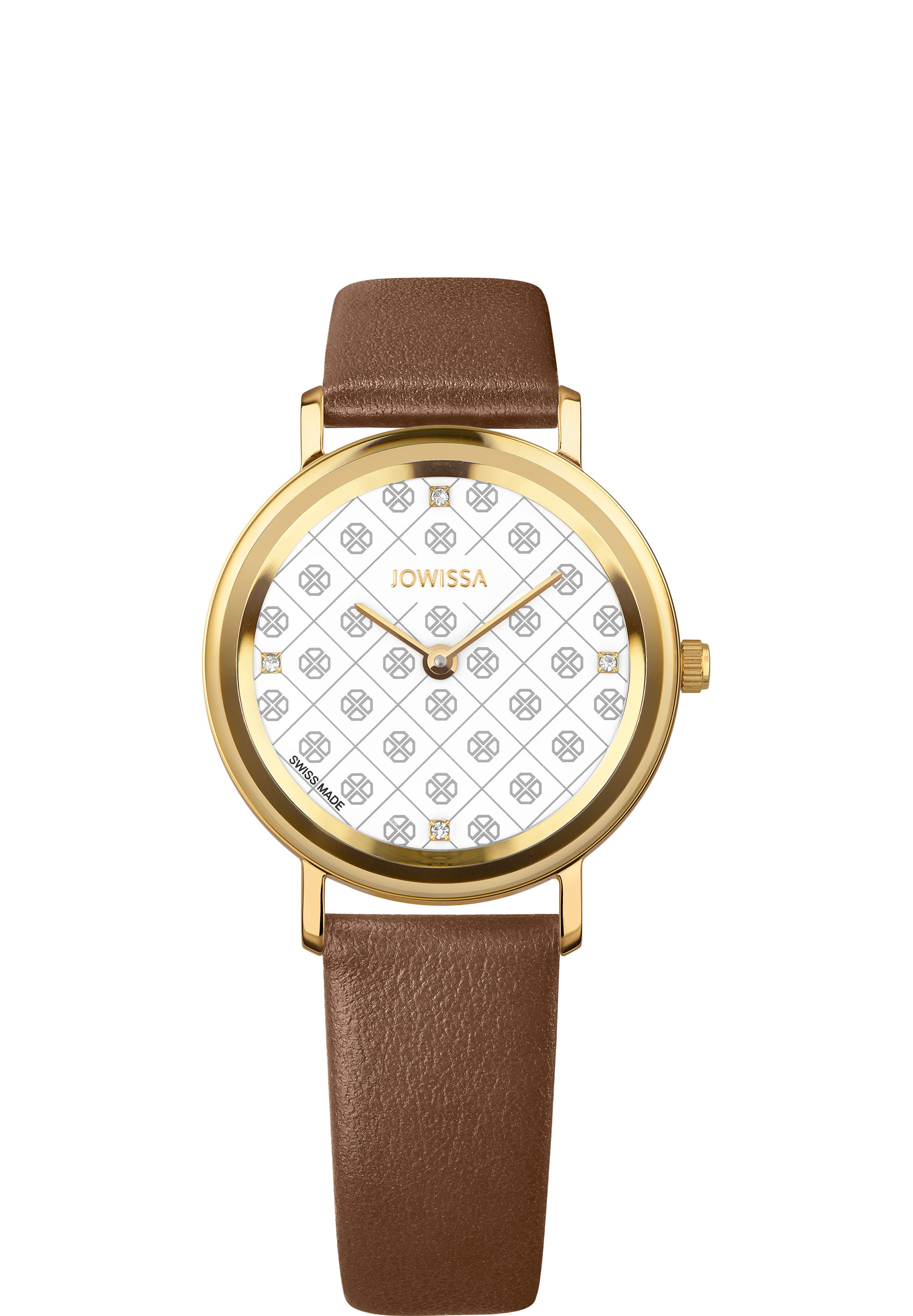 AnWy Swiss Ladies Watch J6.230.M featuring a white dial, gold-tone case, and brown leather strap, showcasing elegance and modern design.