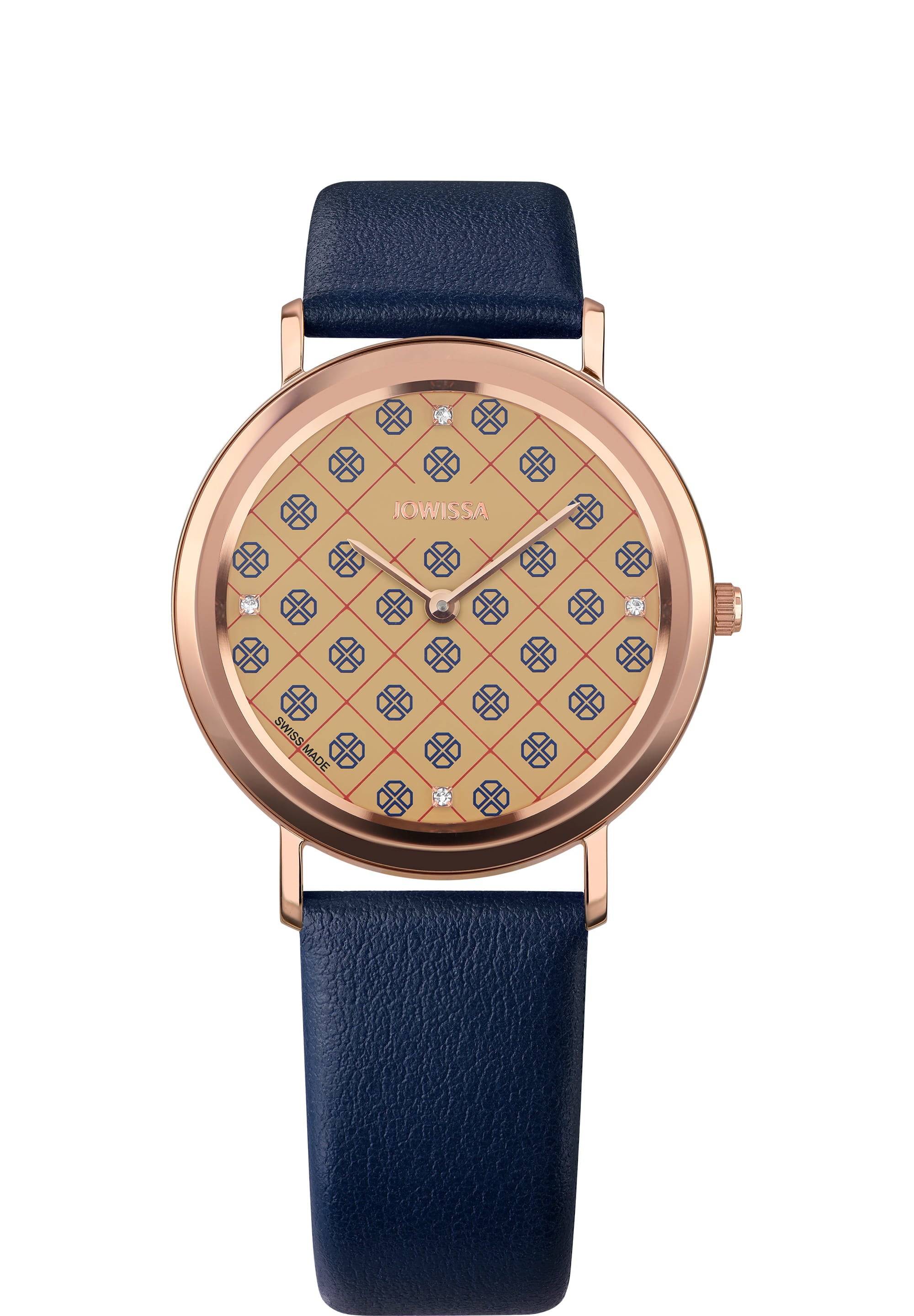 AnWy Swiss Ladies Watch J6.223.L featuring a gold-beige dial with navy logo pattern, stainless steel case, and genuine leather strap.