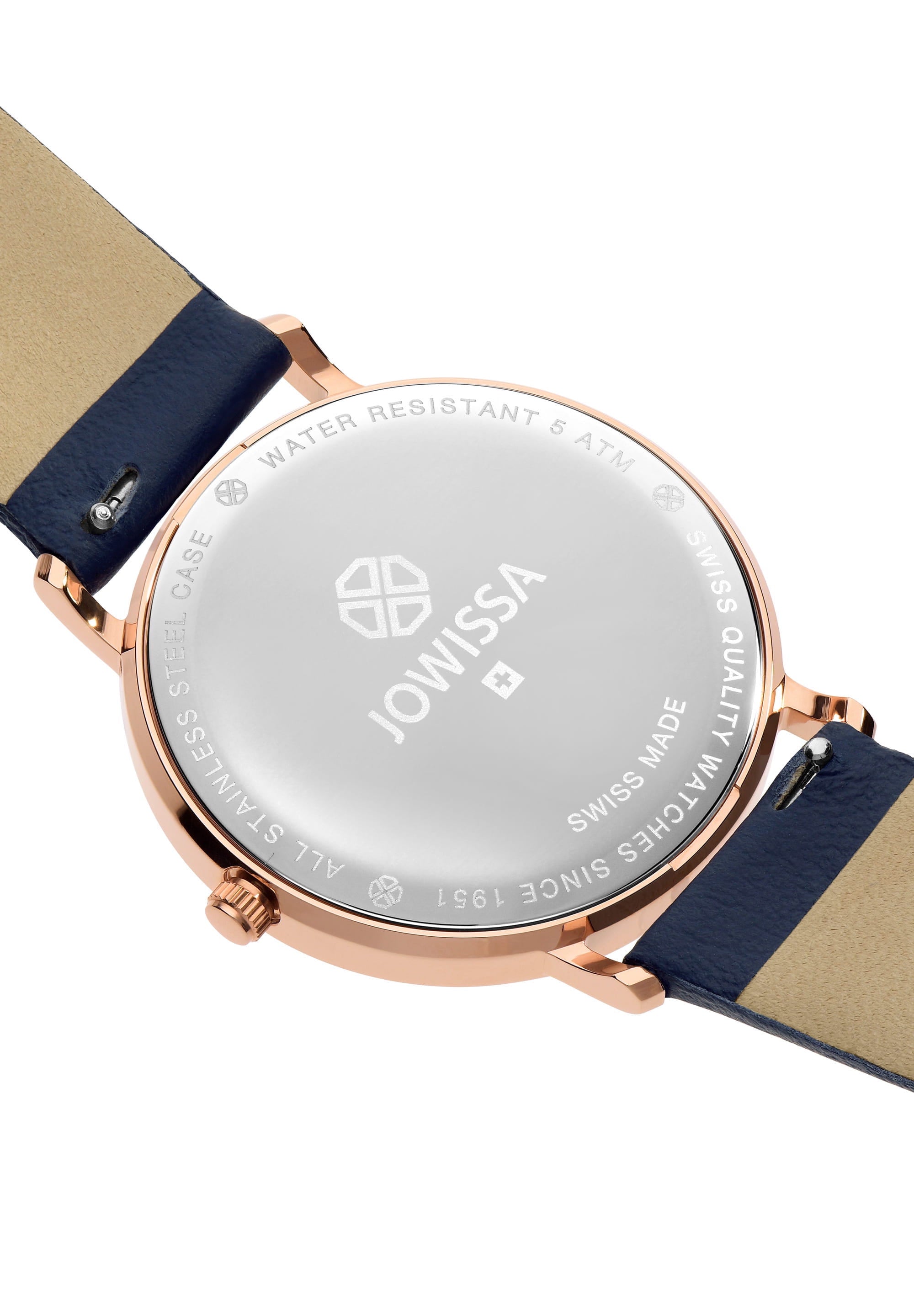 AnWy Swiss Ladies Watch J6.223.L featuring a gold-beige dial with navy logo pattern, stainless steel case, and genuine leather strap.