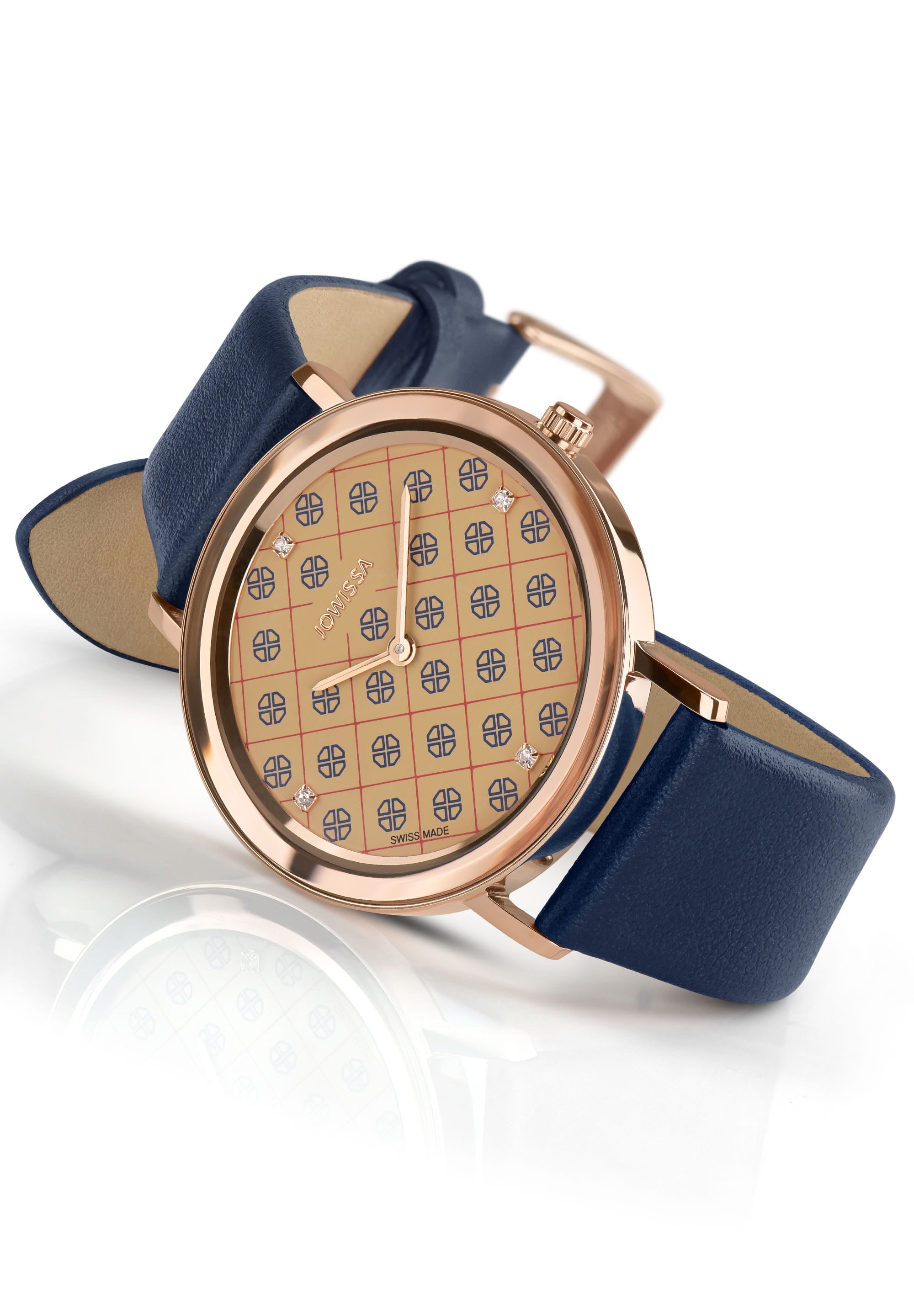 AnWy Swiss Ladies Watch J6.223.L featuring a gold-beige dial with navy logo pattern, stainless steel case, and genuine leather strap.