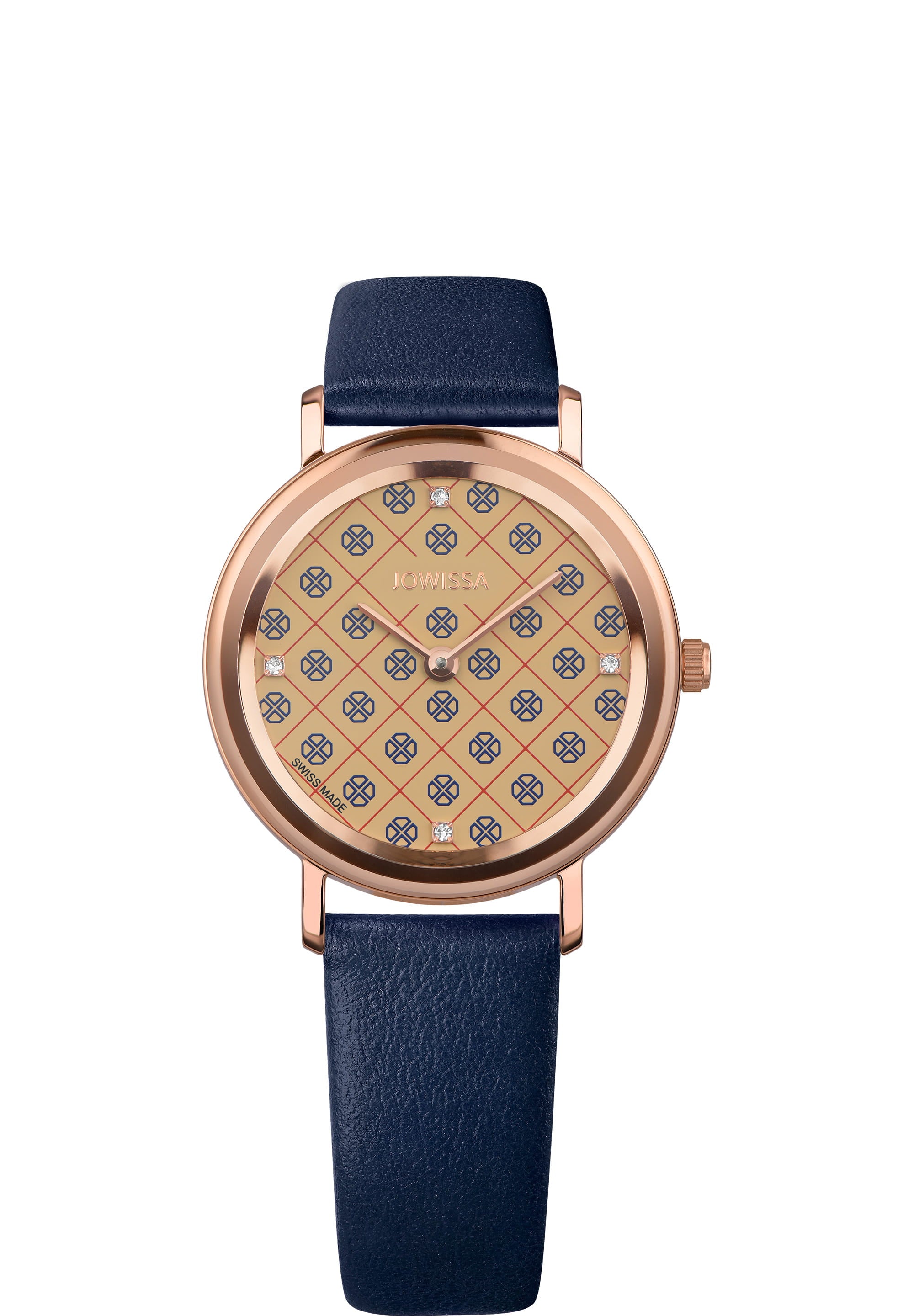 AnWy Swiss Ladies Watch J6.223.M featuring a gold-beige dial with navy blue logo pattern and genuine leather strap.