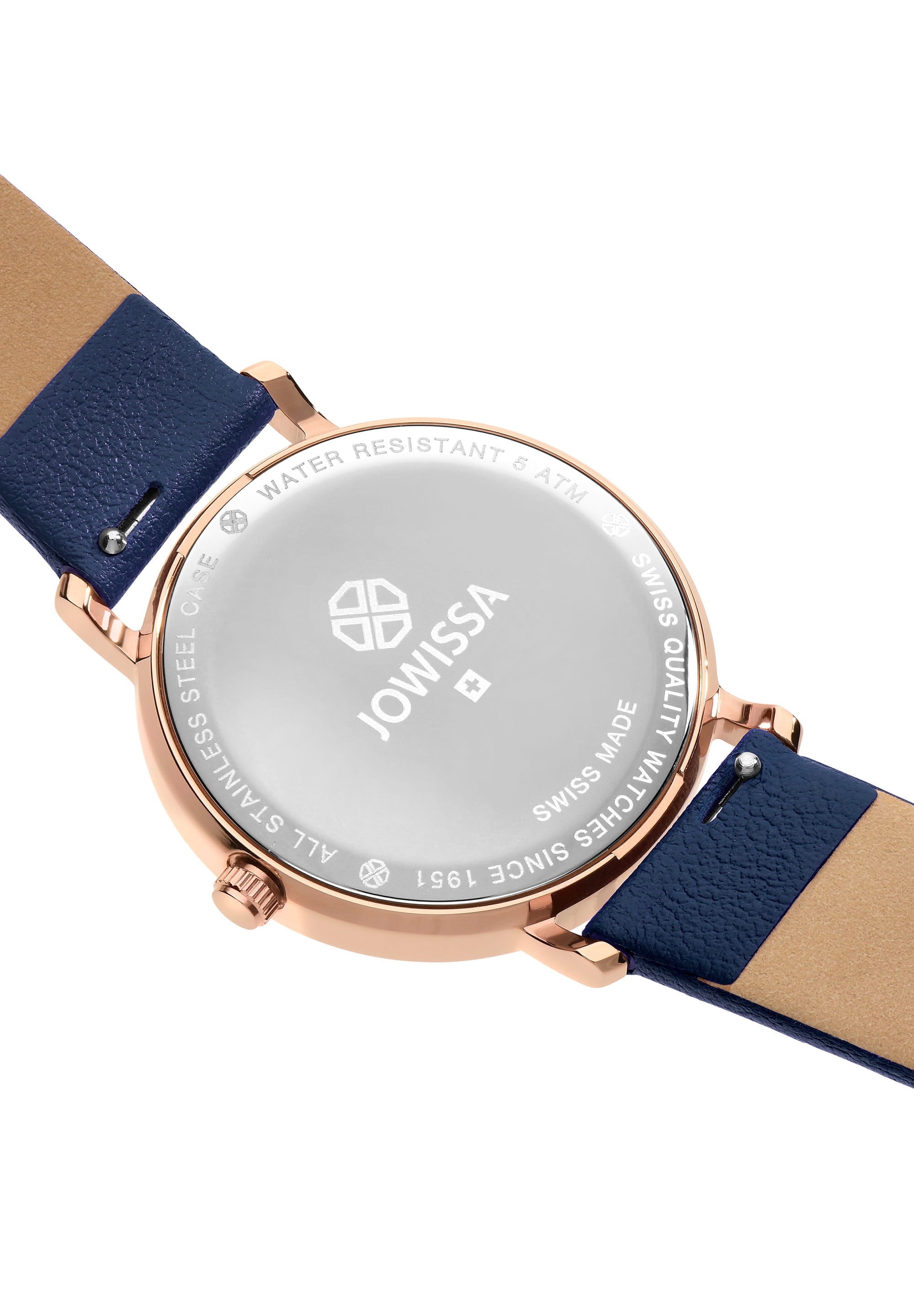 AnWy Swiss Ladies Watch J6.223.M featuring a gold-beige dial with navy blue logo pattern and genuine leather strap.