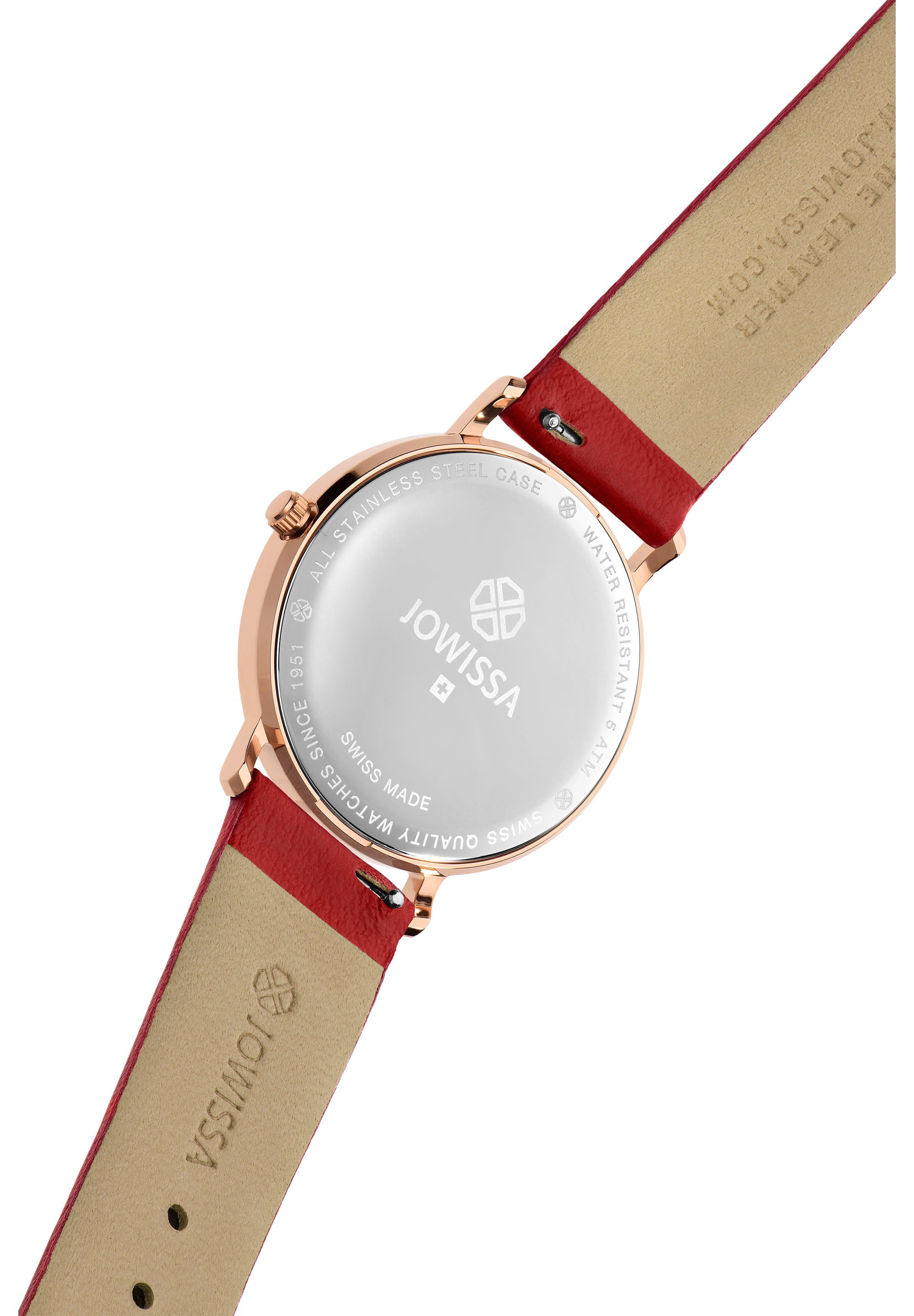 AnWy Swiss Ladies Watch J6.224.L featuring a red leather strap, golden-beige dial with logo pattern, and rose-gold stainless steel case.