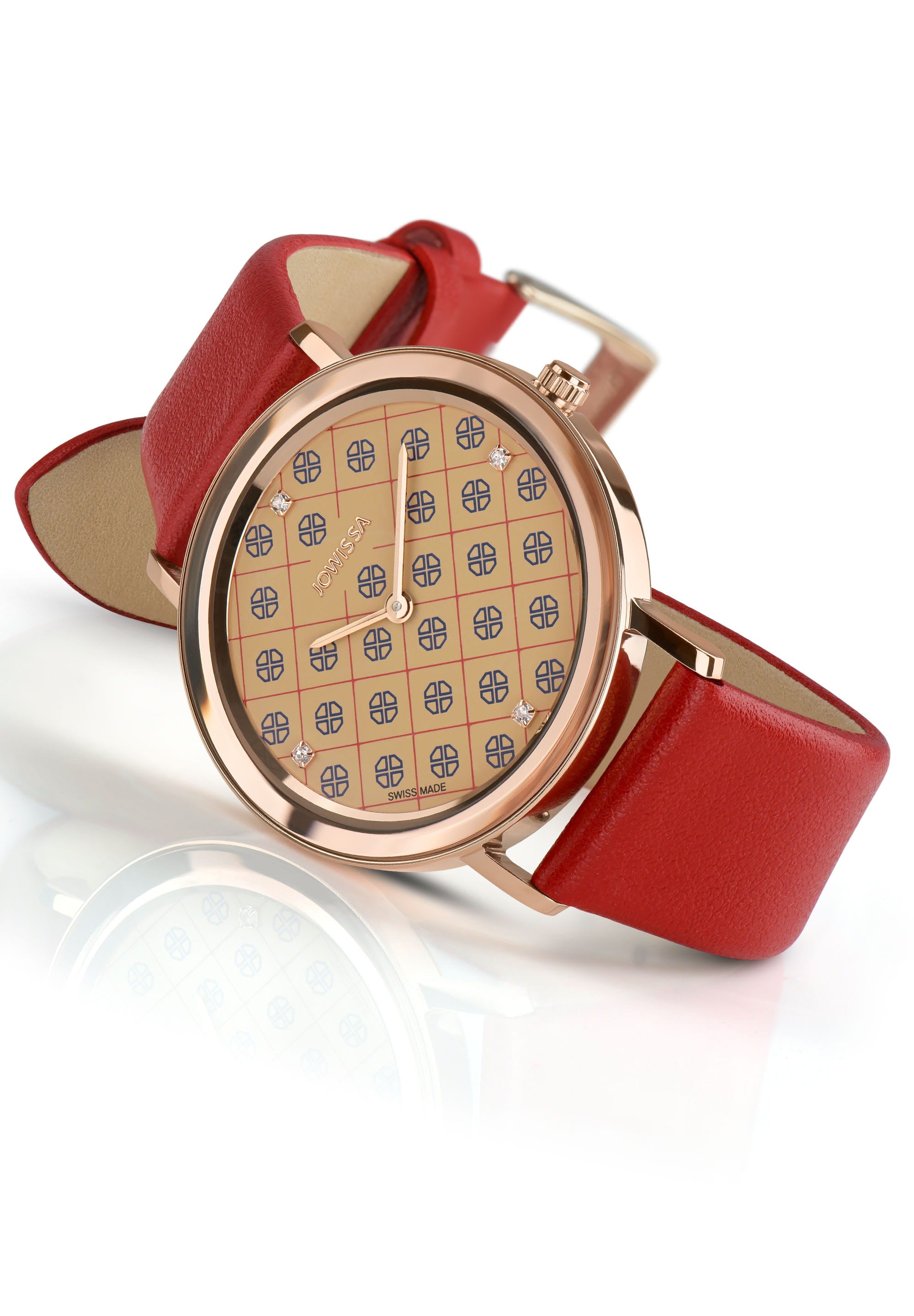 AnWy Swiss Ladies Watch J6.224.L featuring a red leather strap, golden-beige dial with logo pattern, and rose-gold stainless steel case.